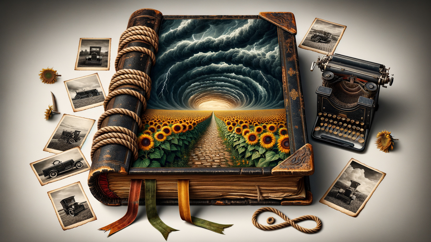 Open Book with Sunflower Landscape and Vintage Typewriter