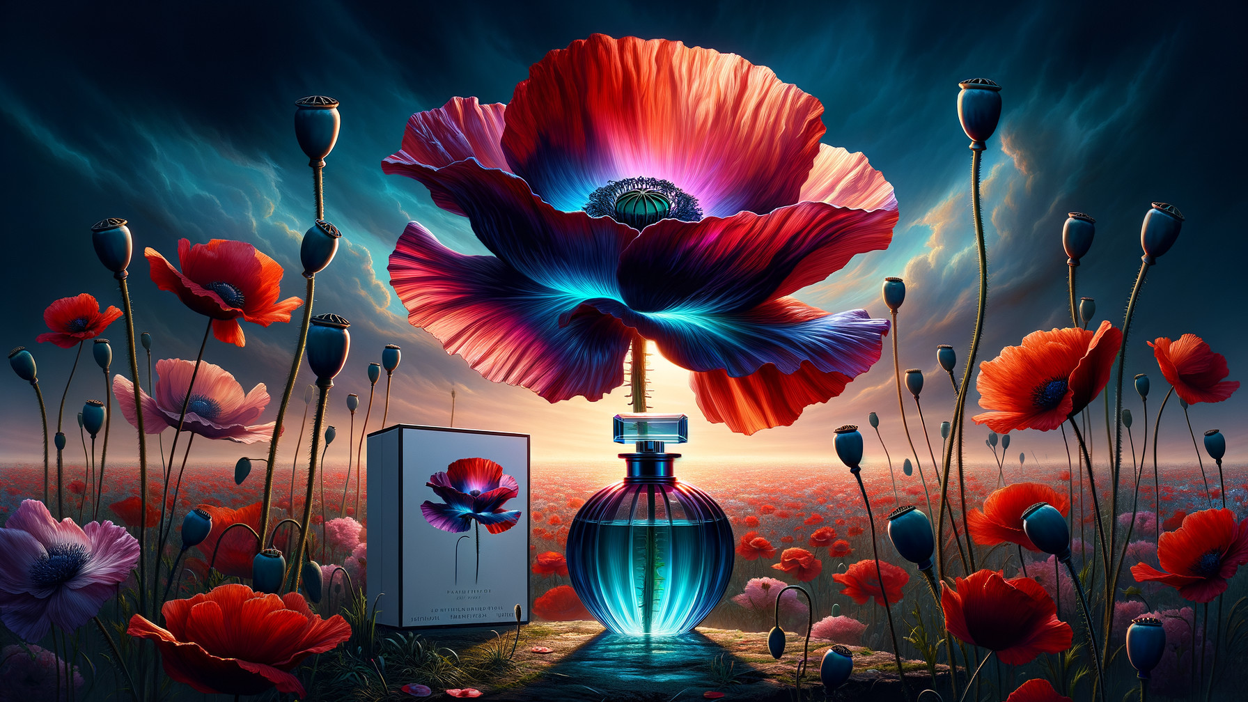 Surreal Scene with Vibrant Poppy Flower and Perfume