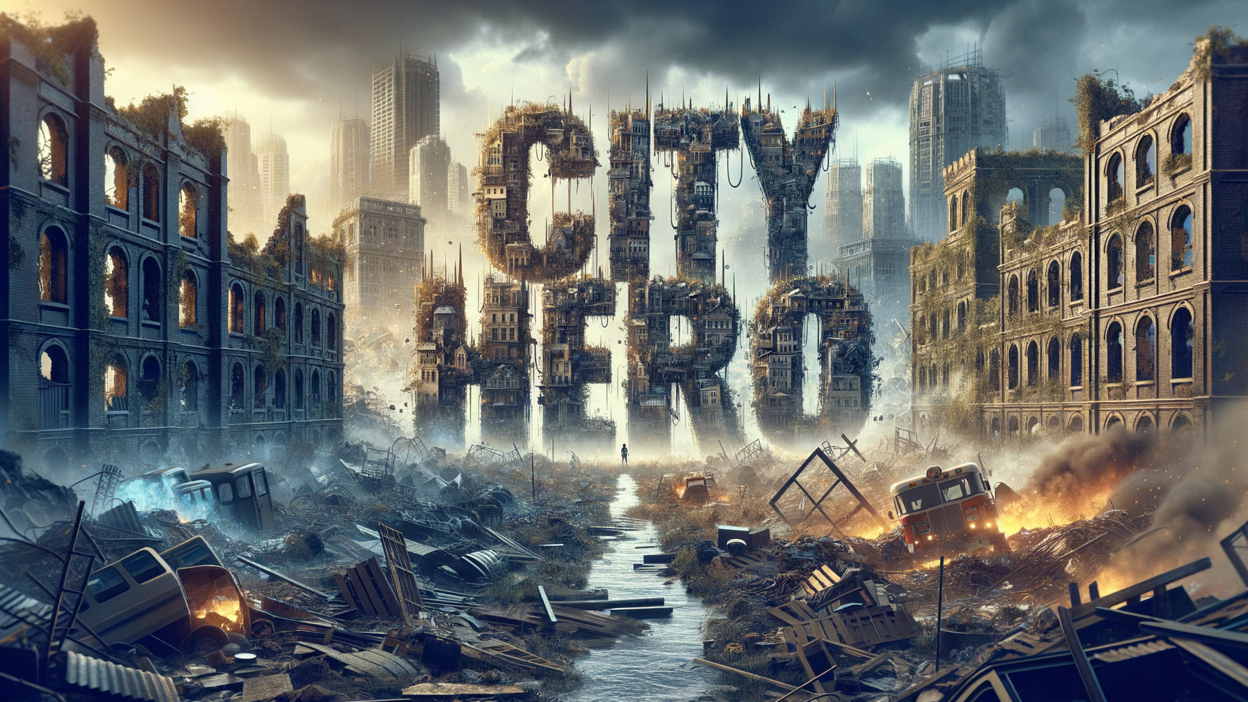 Desolate Urban Landscape with Crumbling Buildings and Debris
