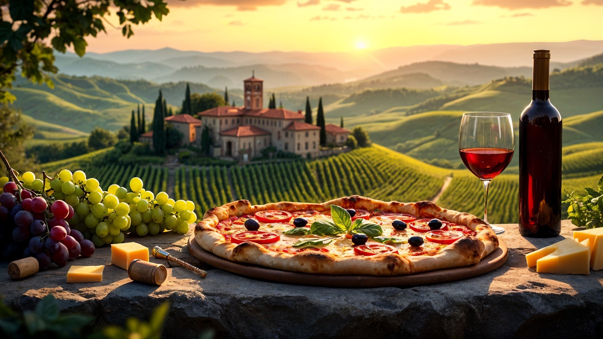 Rustic pizza with pepperoni and olives in vineyard setting