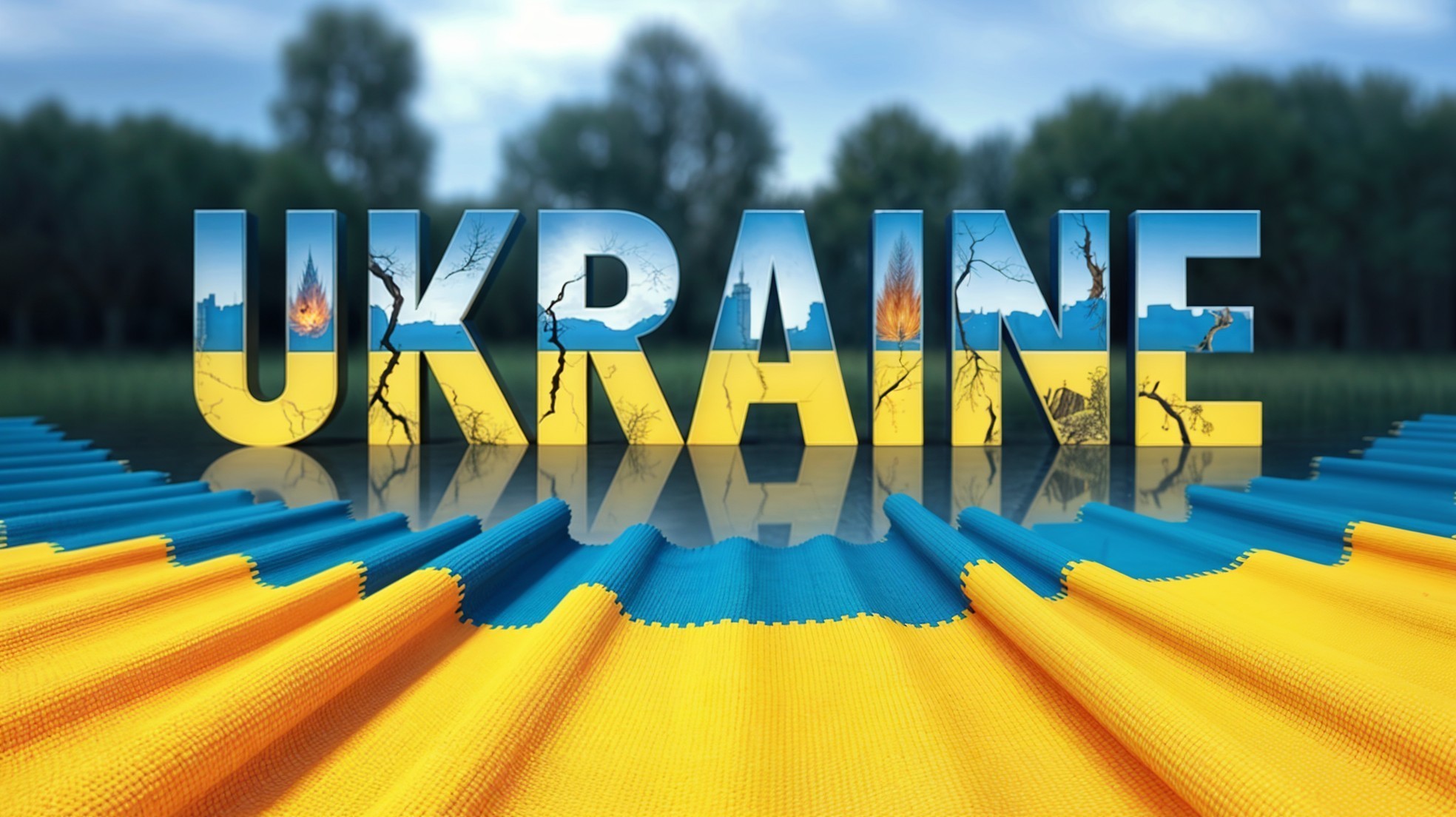 3D "UKRAINE" Letters with Flag Colors and Textures