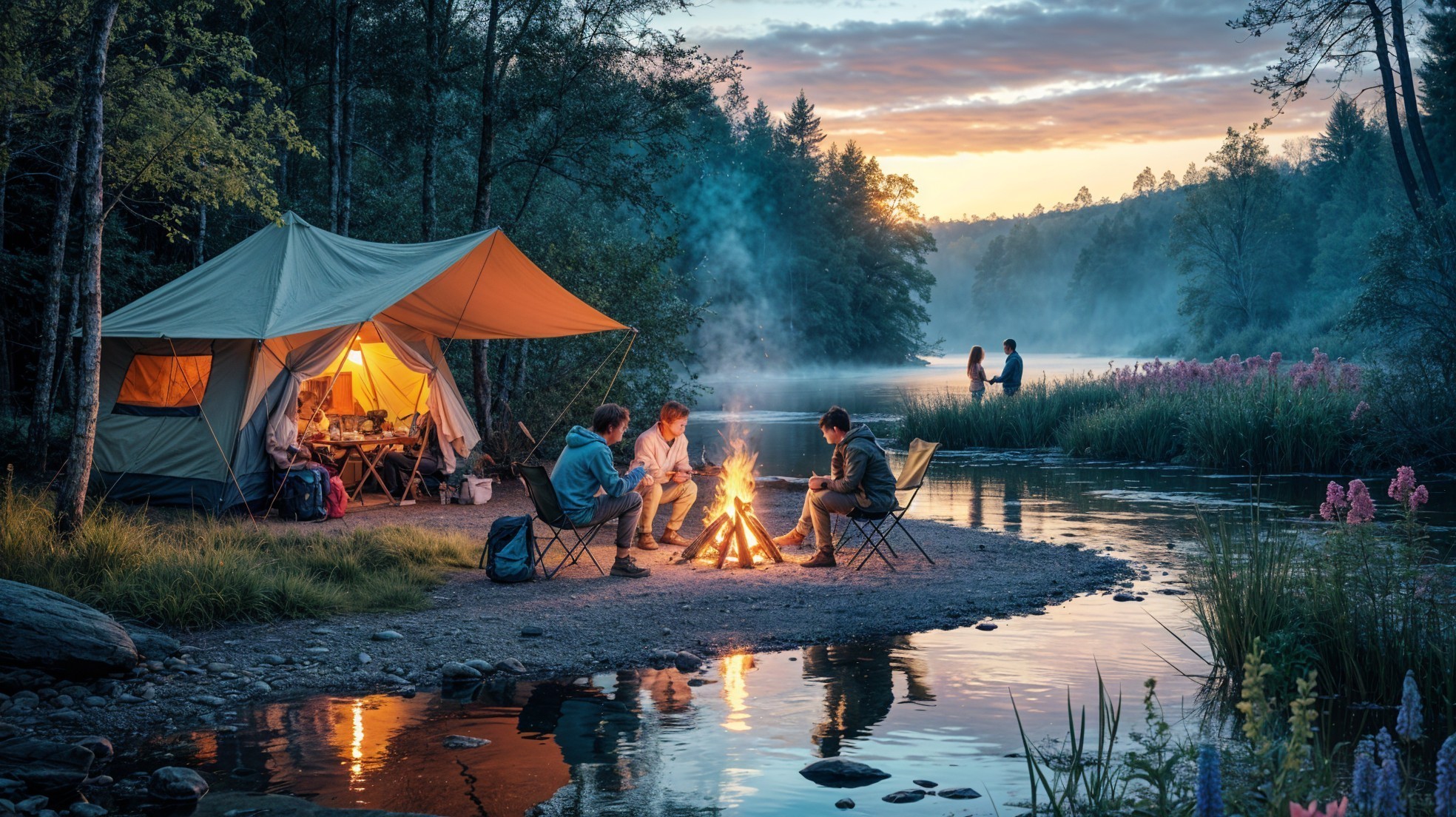 Serene Camping Scene by a River at Sunset