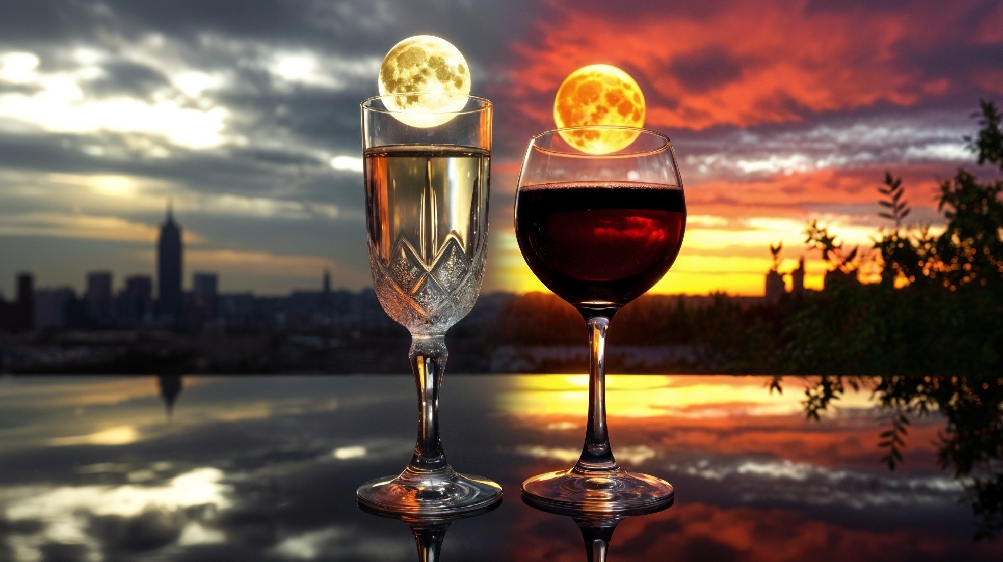 Elegant Glasses with Moon Against Sunset Skyline