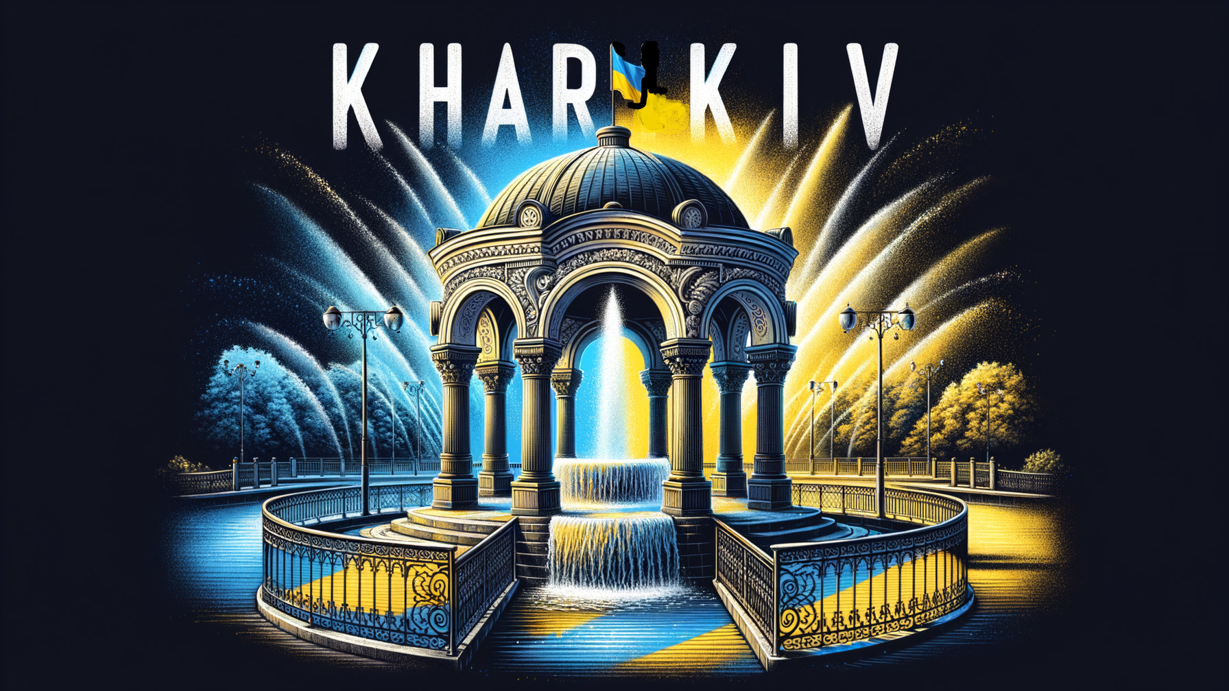 Illustrated Water Fountain with Ukrainian Flag Colors