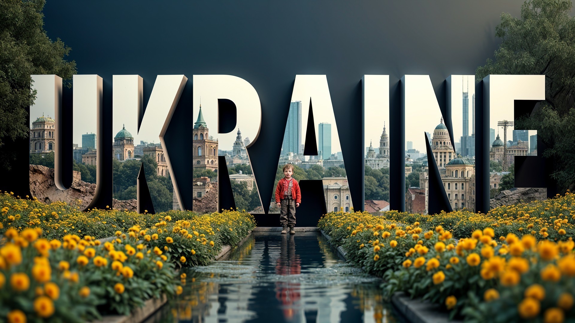 Young Boy in Tranquil Setting with "UKRAINE" Letters