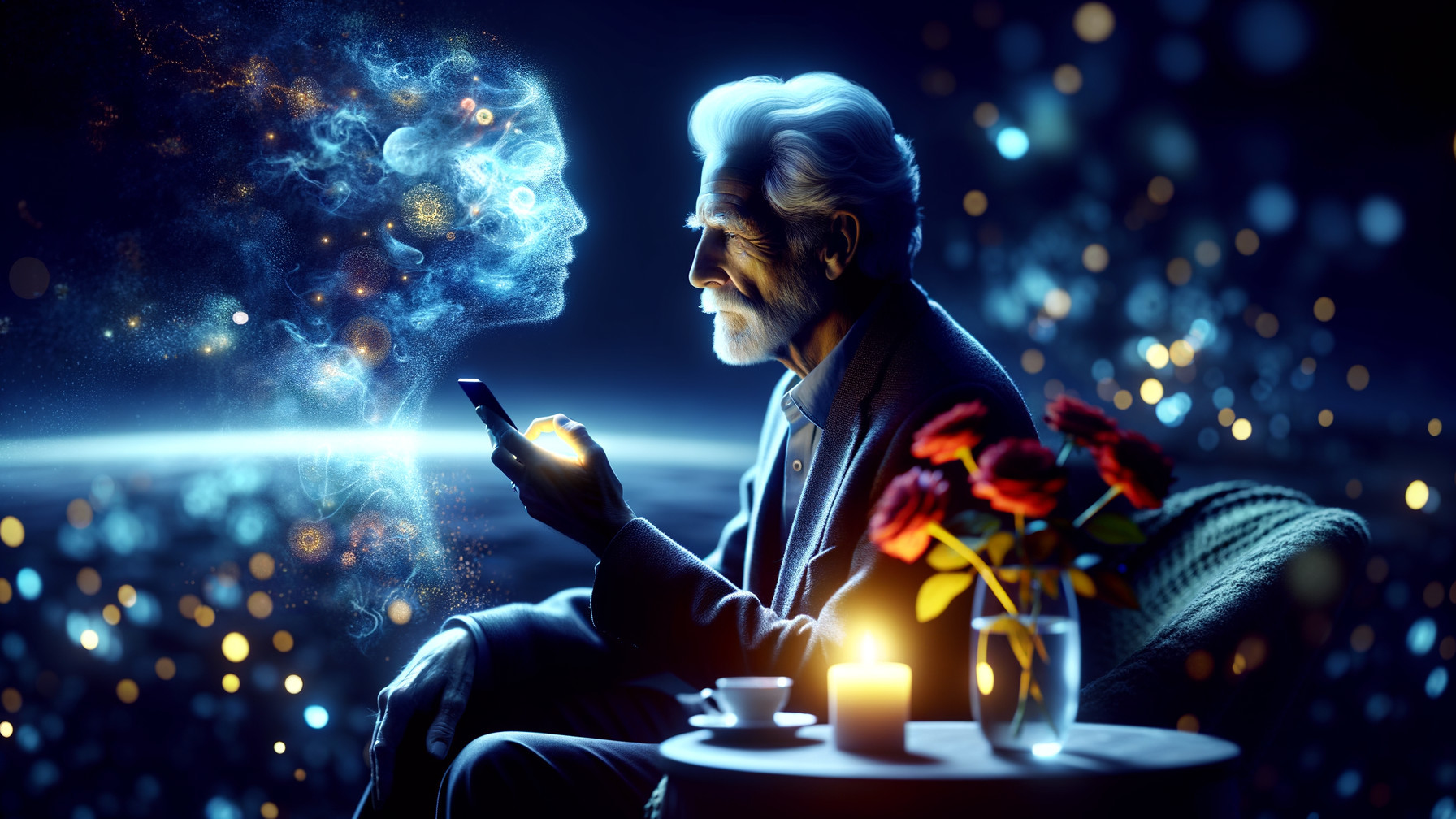 Elderly man with smartphone and holographic figure in room