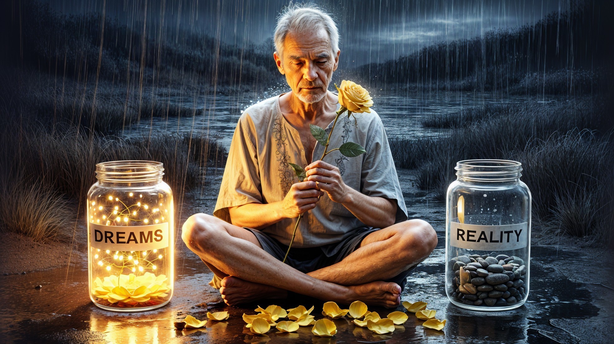 Contemplative Man Between Dreams and Reality Jars