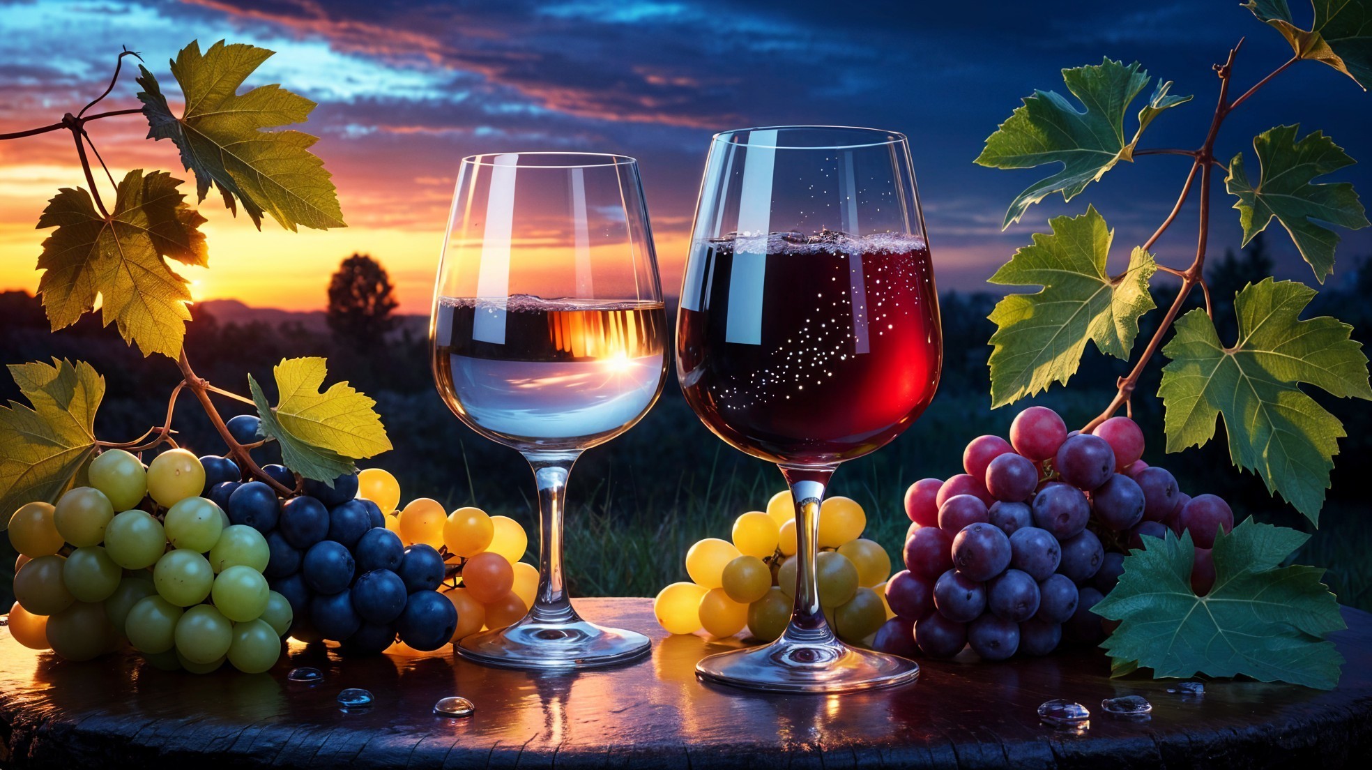 Elegant Glasses with Wine and Water on Wooden Table