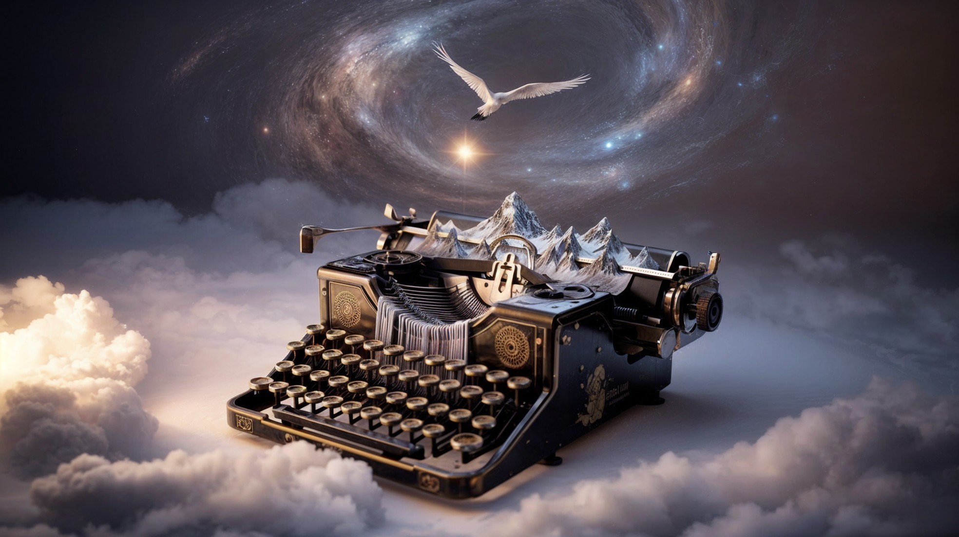 Vintage Typewriter on Clouds with Mountain Landscape
