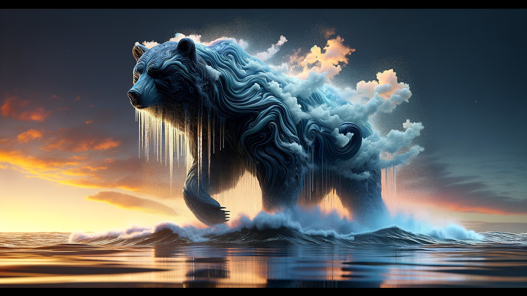 Majestic bear rising from ocean with sunset backdrop