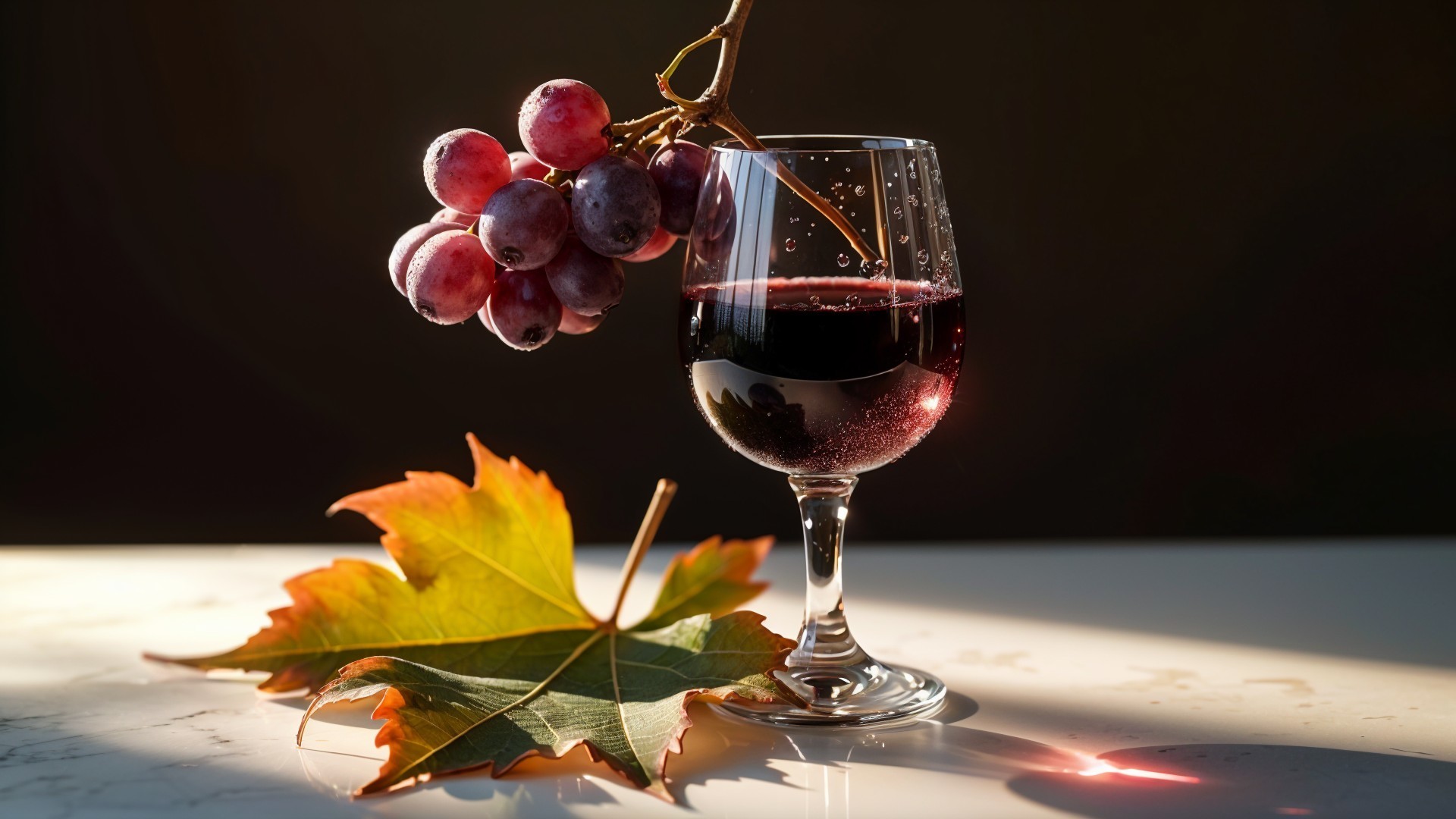 Red Wine Glass with Grapes and Autumn Leaf Display