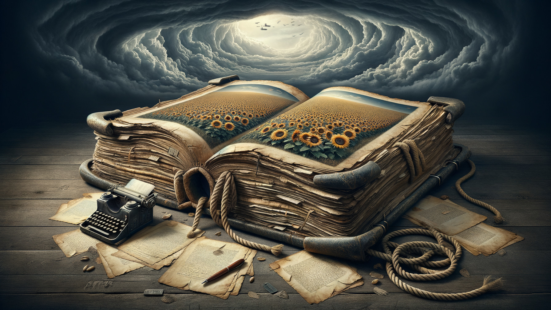 Ancient Book and Typewriter in Surreal Nature Scene