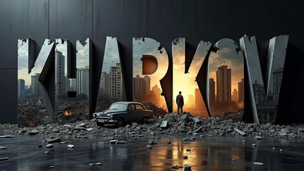 Kharkiv Letters Amidst Ruins and Sunset Skyline
