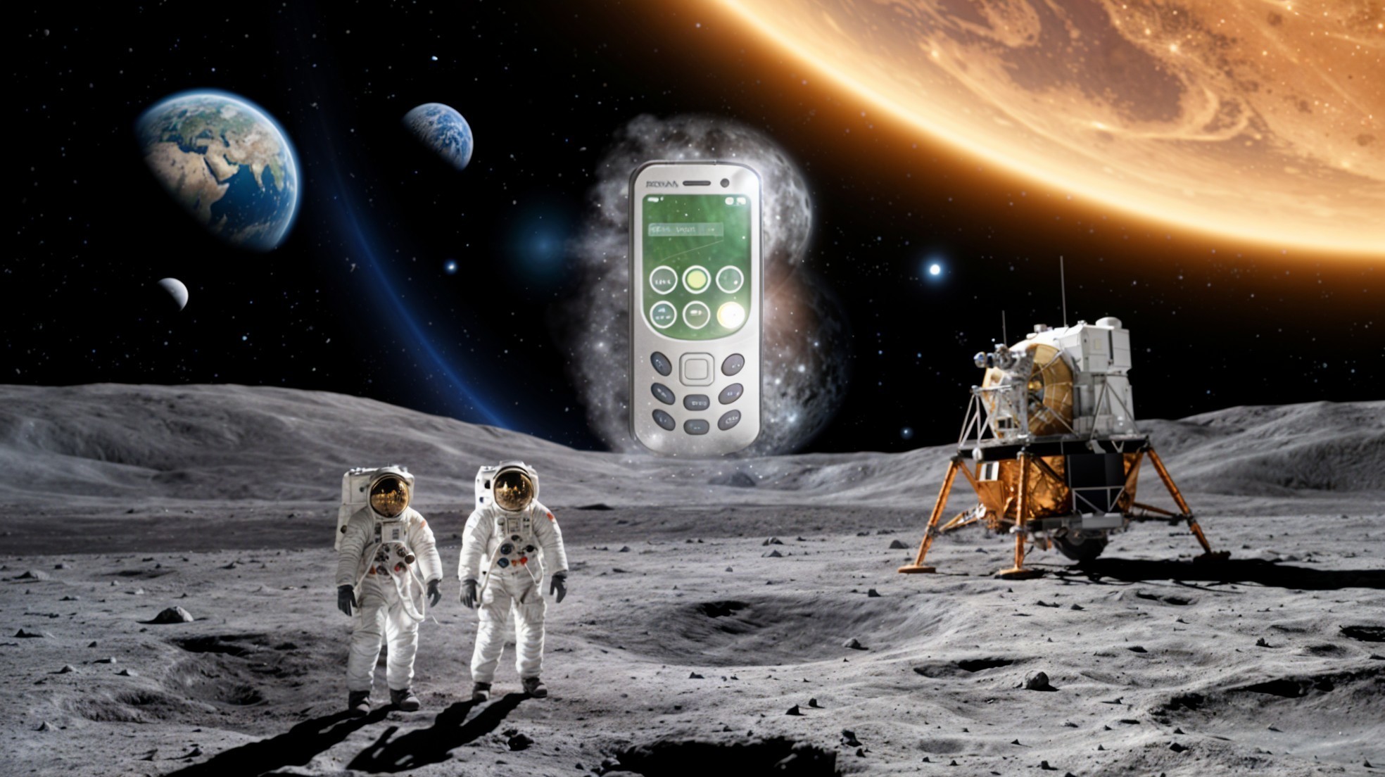 Astronauts on Moon with Earth and Vintage Phone in Space