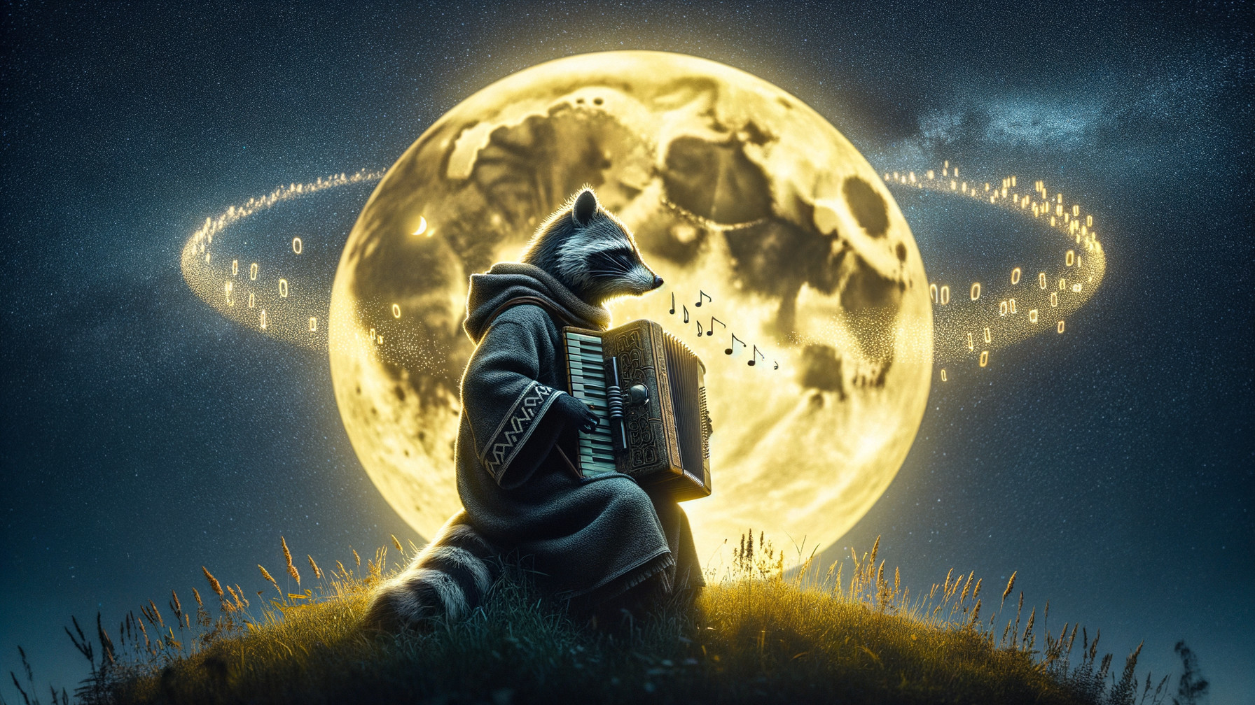 Raccoon in Robe Playing Accordion Under Full Moon