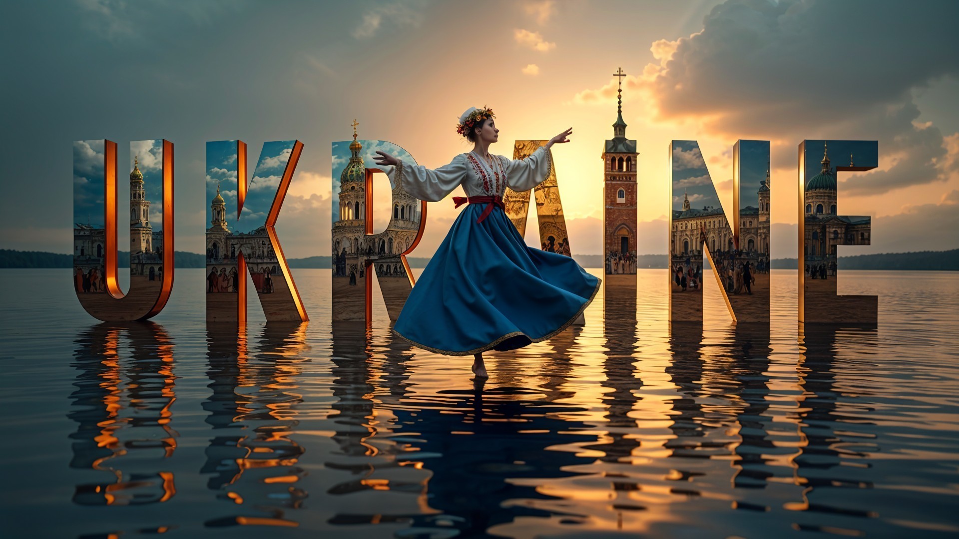 Dancer in Traditional Attire Twirls on Water at Sunset