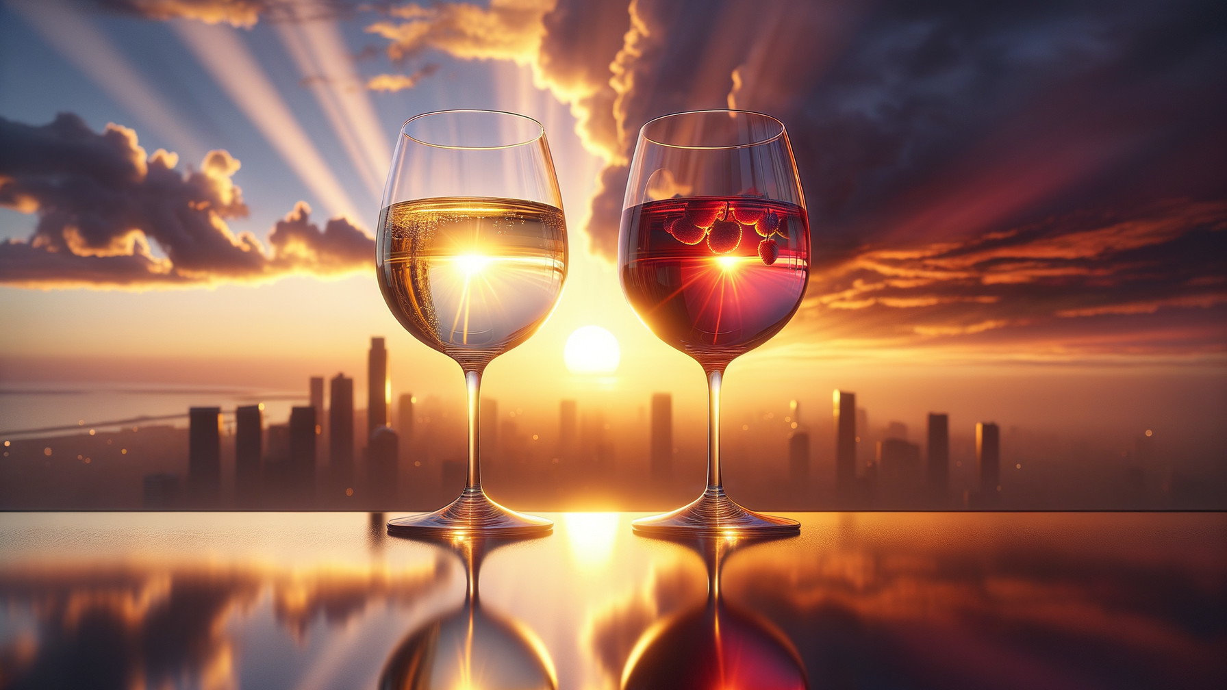 Elegant Wine Glasses with Sunset Skyline Reflection