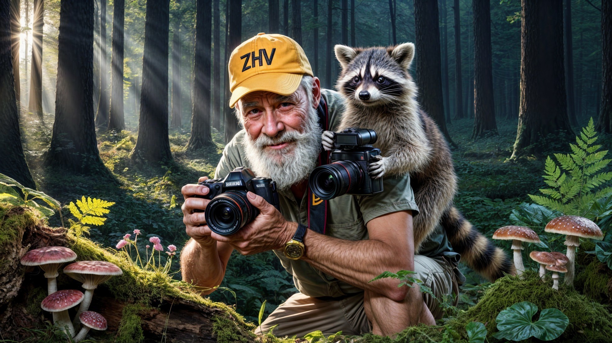 Bearded Man with Cameras and Raccoon in Forest