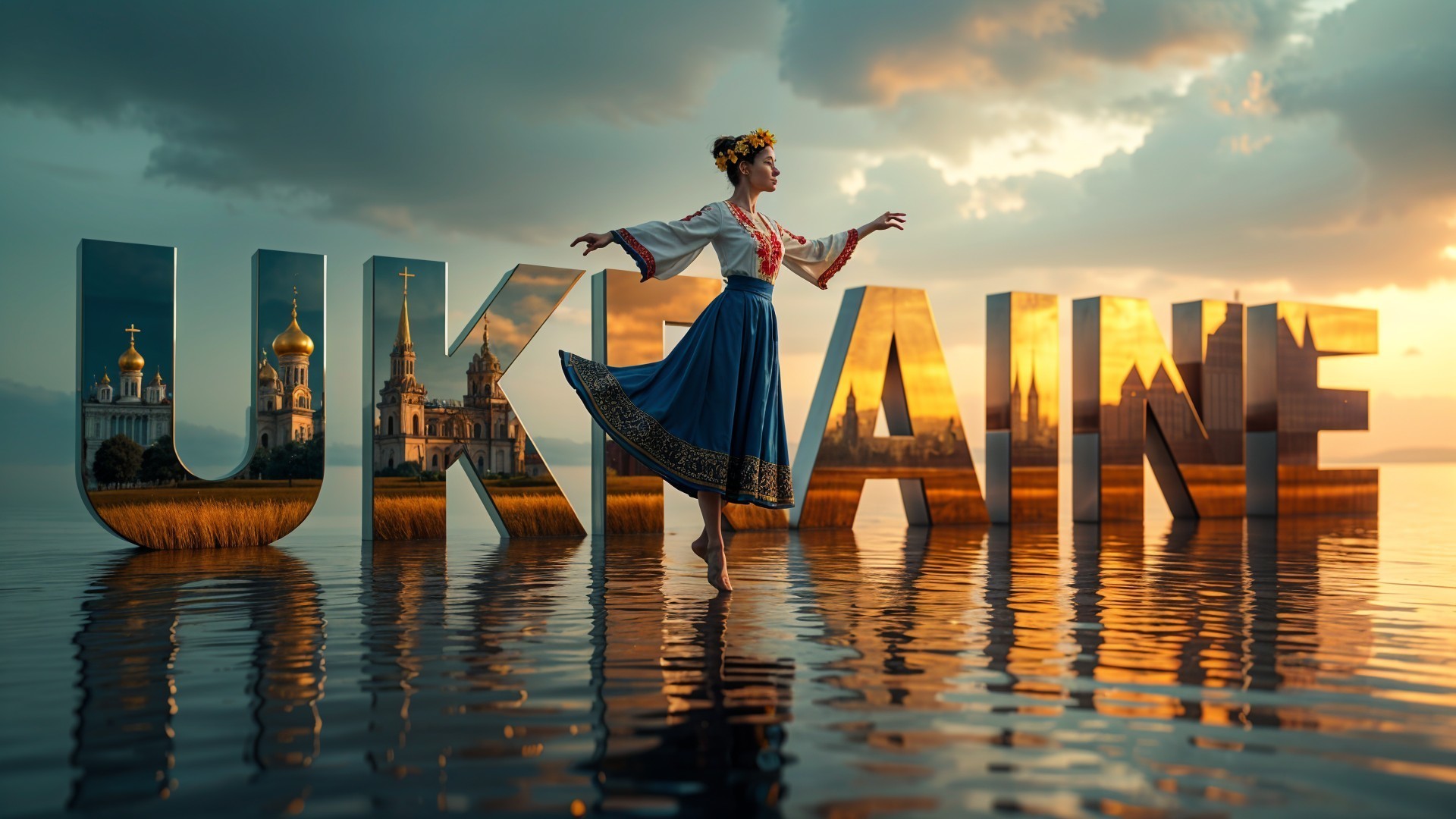 Ukrainian Dancer Amidst Scenic Landscape and Letters