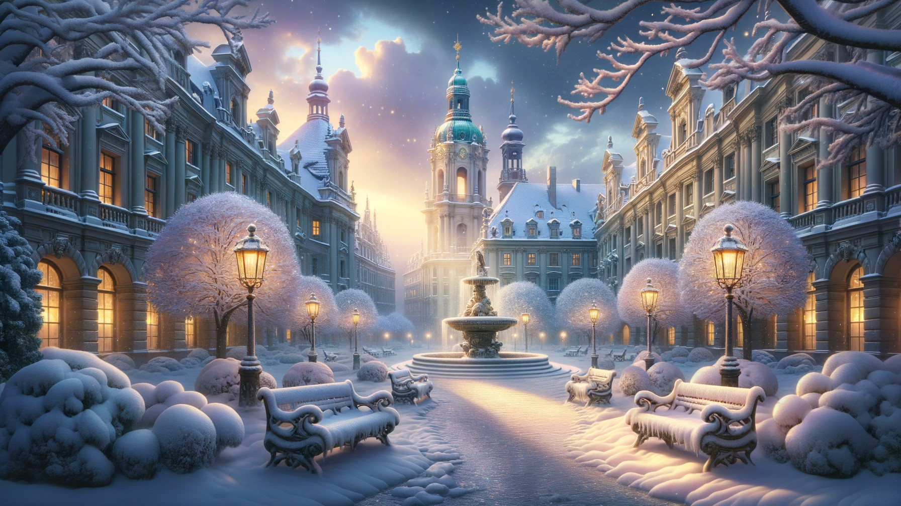 Serene winter courtyard scene with snow and architecture