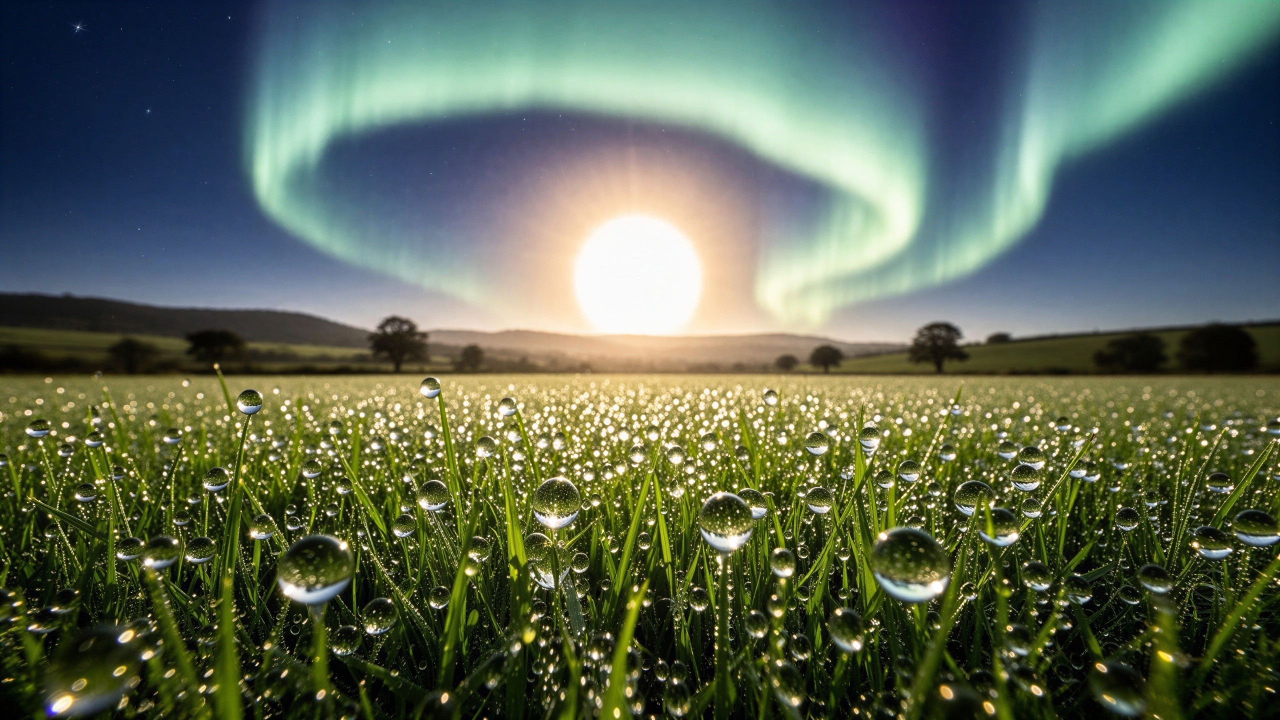 Lush Green Grass Field with Dew and Aurora Borealis