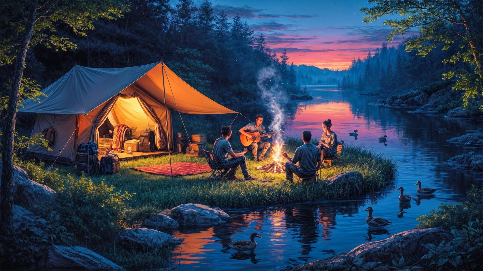 Cozy Lakeside Camping Scene at Dusk with Friends