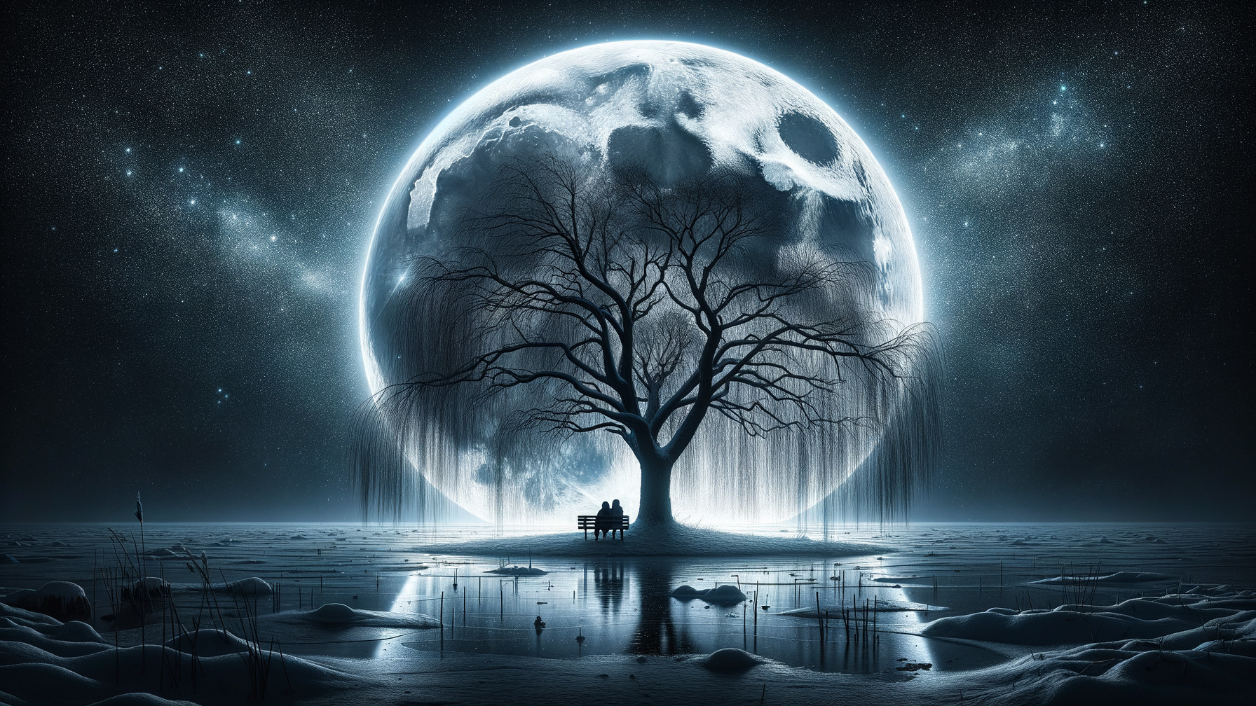 Serene Night Scene with Full Moon and Silhouetted Figures