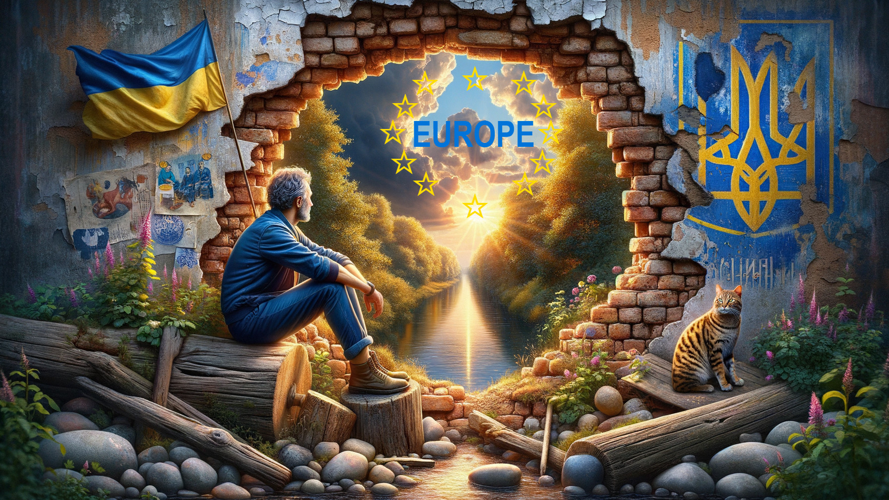 Man by Broken Wall with Ukrainian Flag and River