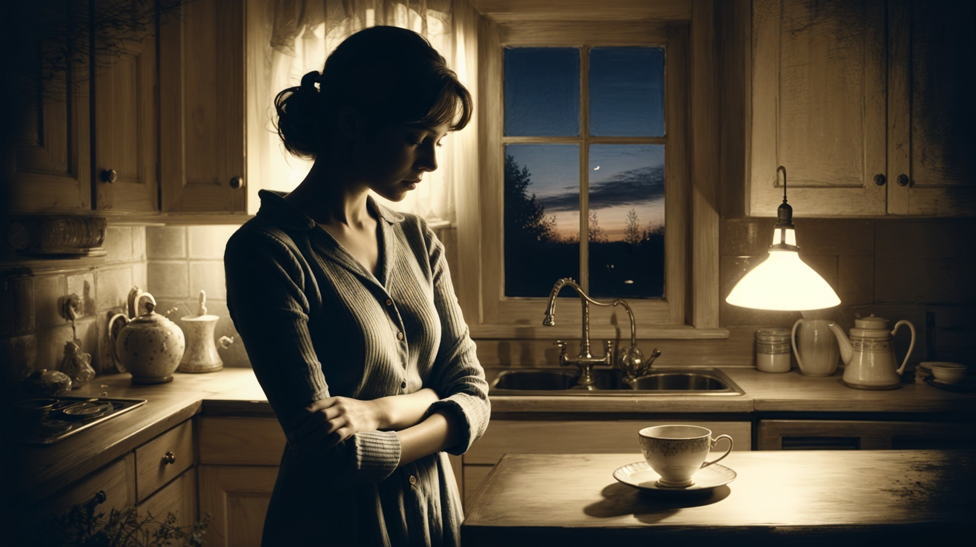 Contemplative Woman in Dusk-lit Kitchen Scene
