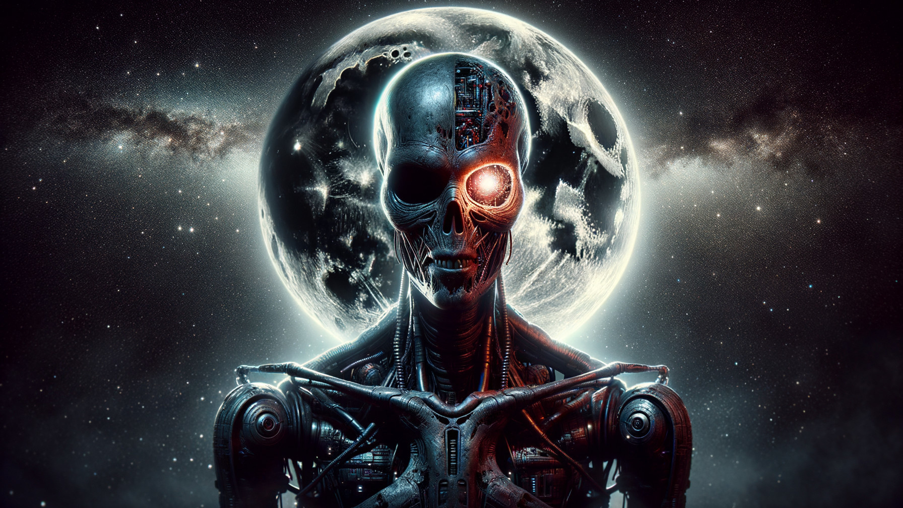 Futuristic Cyborg Under Luminous Full Moon