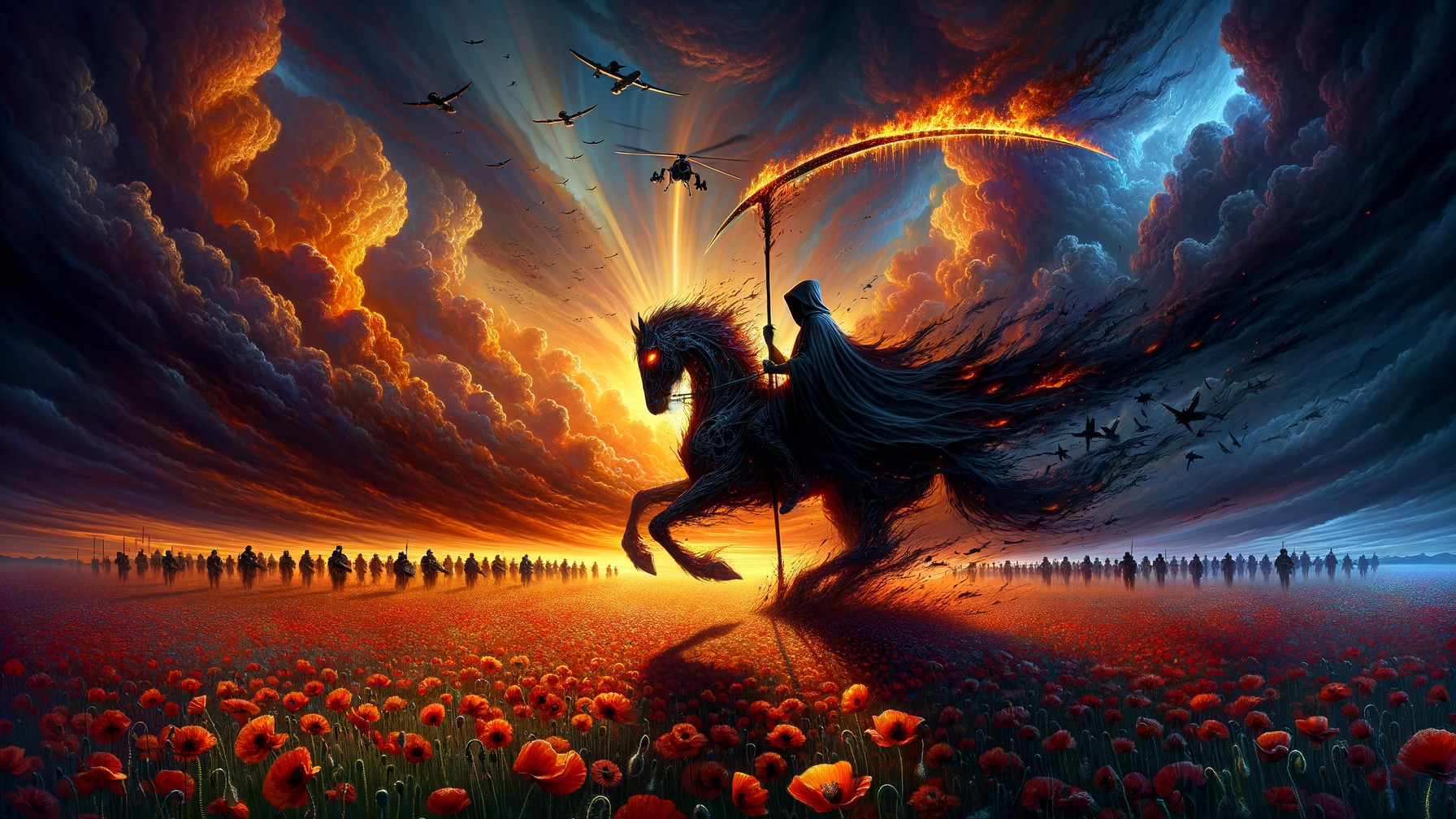 Hooded Figure on Dark Horse Against Vibrant Sunset