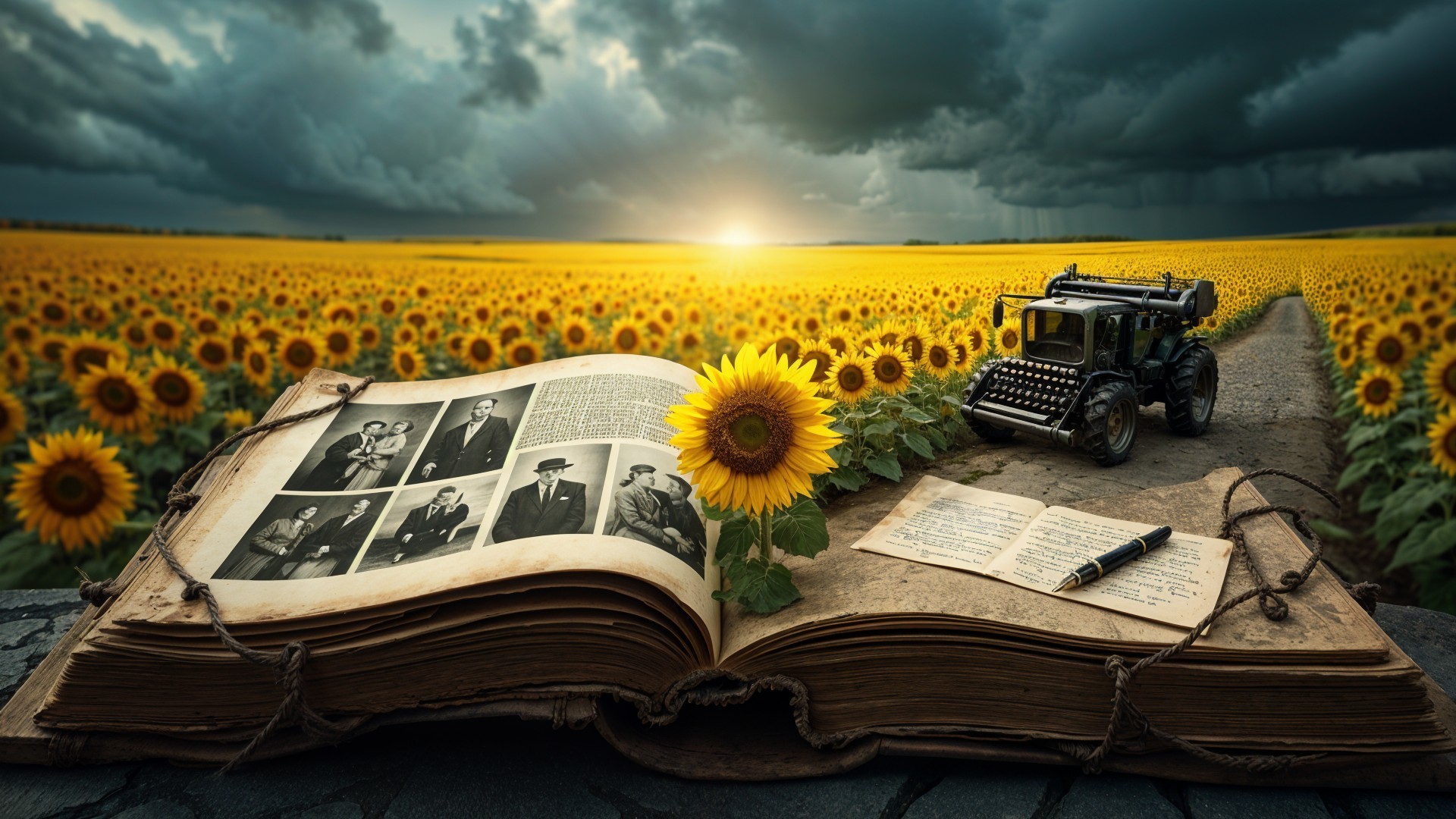 Sunflower Field with Book and Vintage Photographs