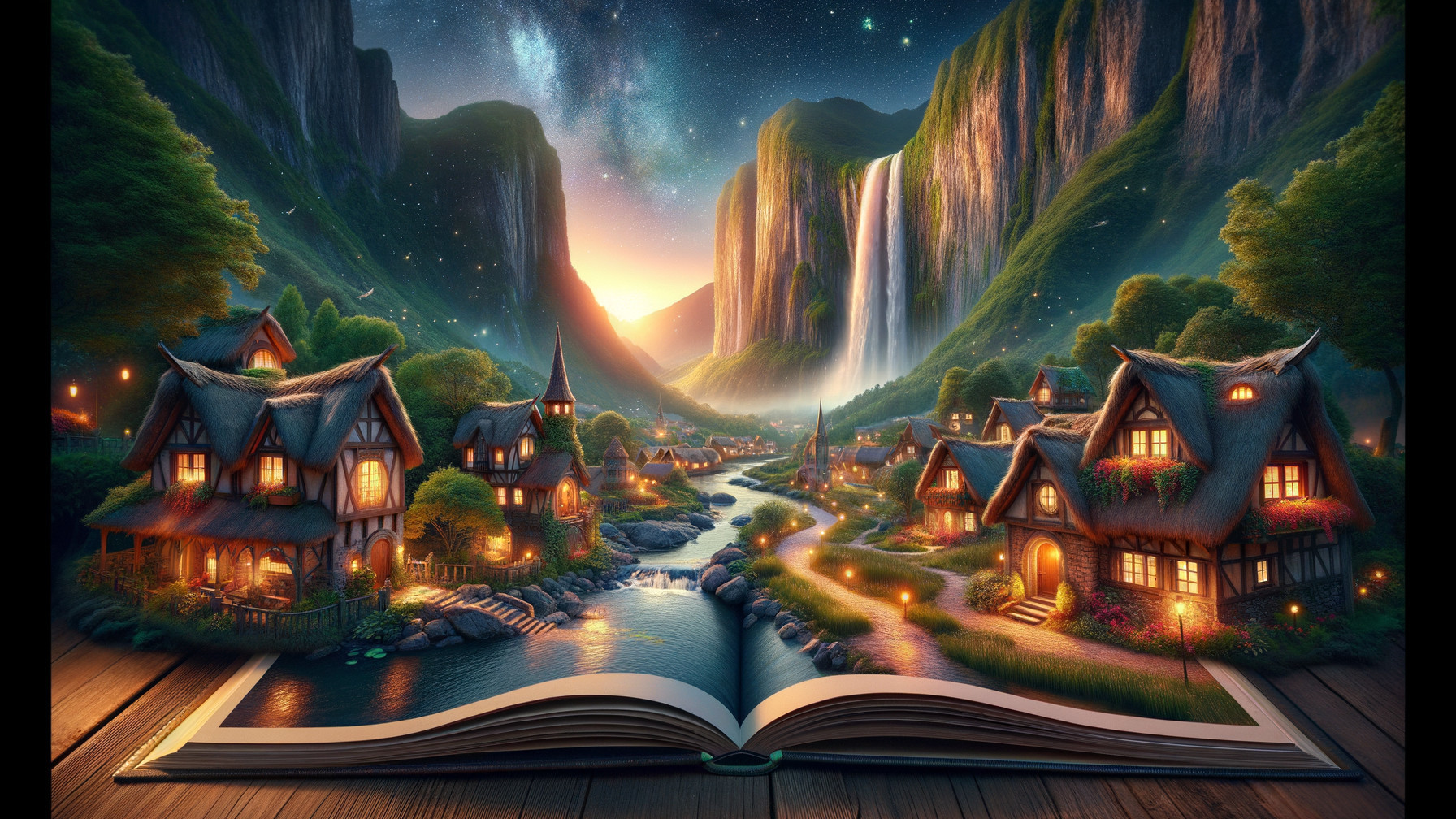 Whimsical Village in a Mystical Landscape with Book