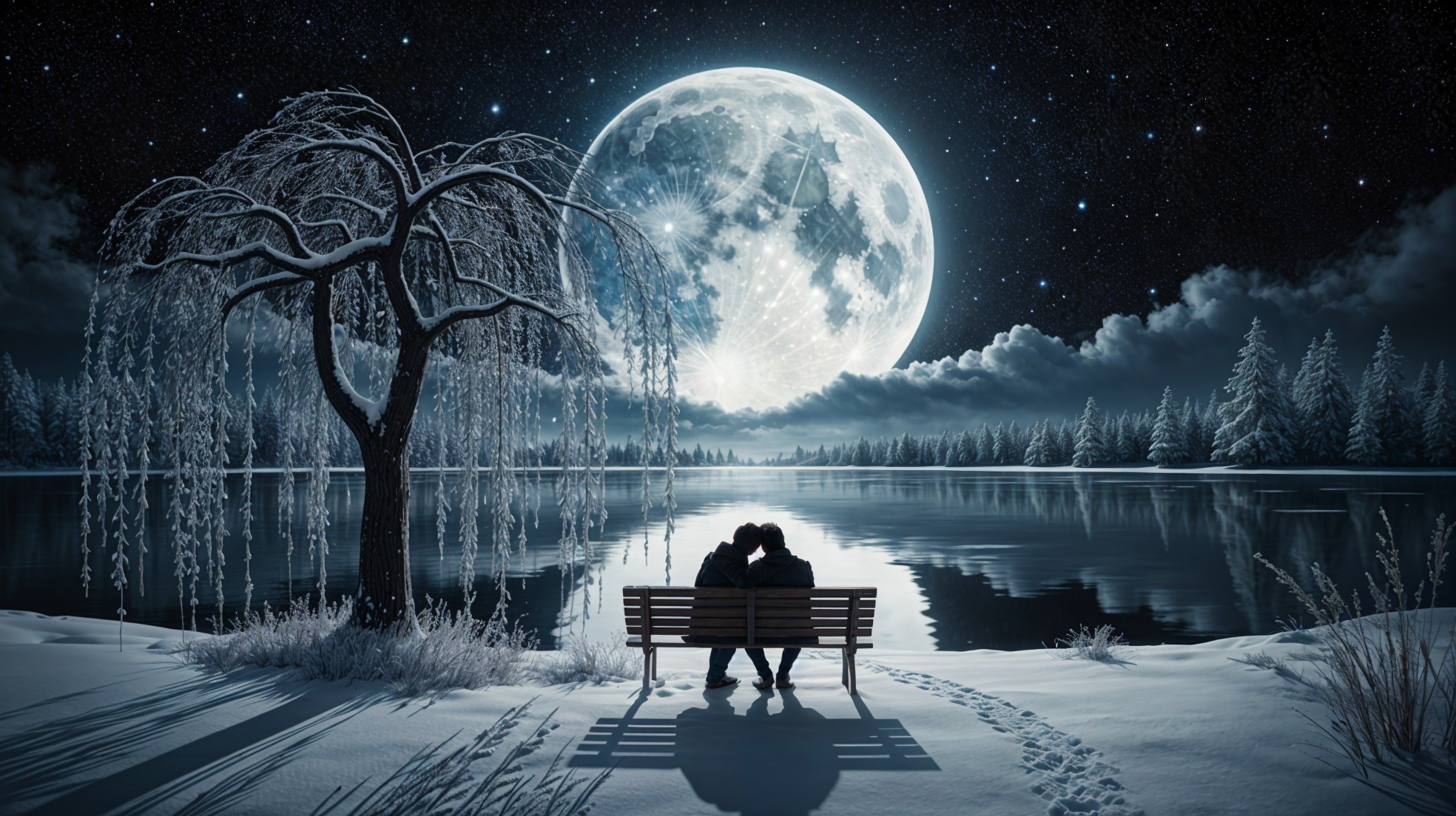 Serene Winter Scene with Couple by Tranquil Lake