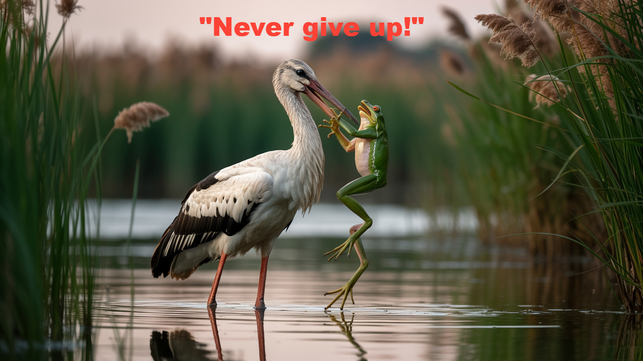 Stork with Frog in Serene Waterway Scene