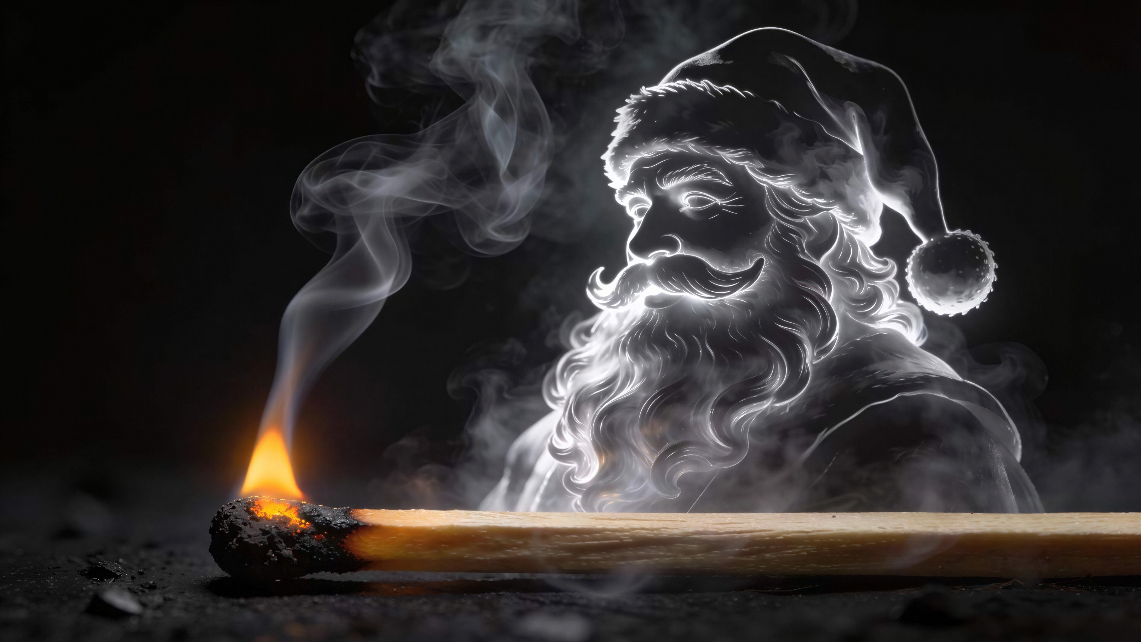 Smoke Shaped Like Santa Claus Rising from a Matchstick
