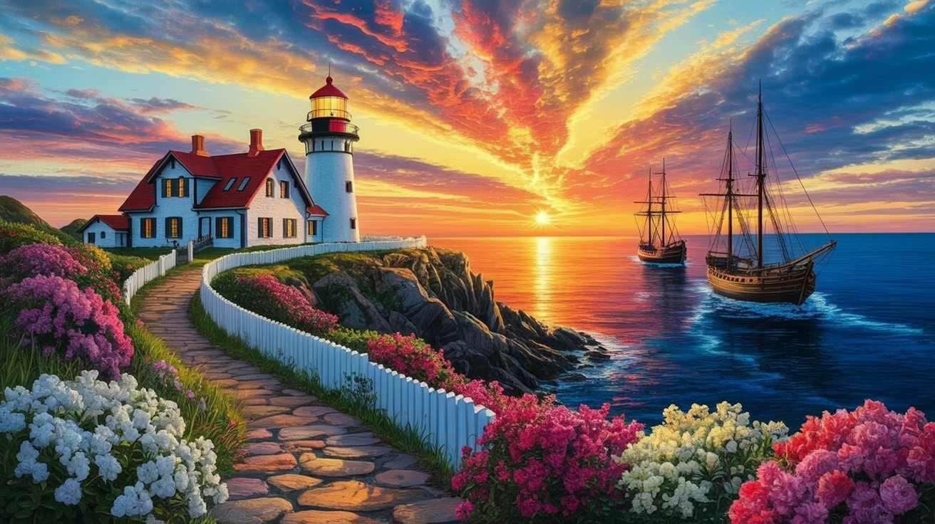 Charming Lighthouse Amidst Vibrant Coastal Landscape