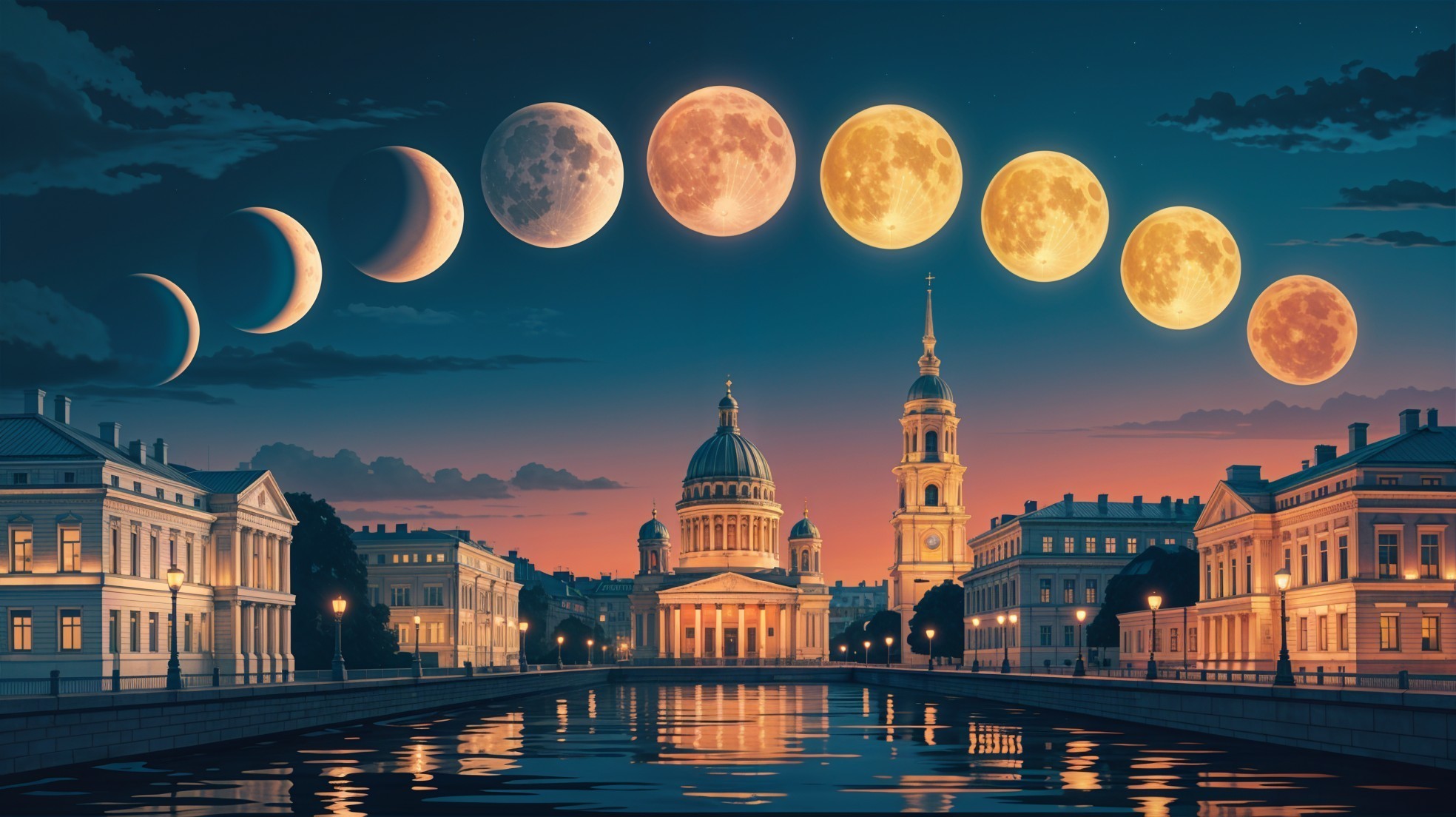 Serene cityscape at dusk with classical architecture