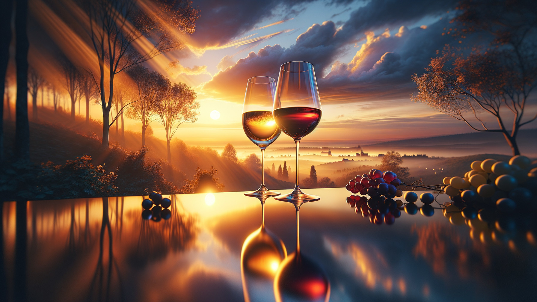 Elegant wine glasses with red wine and grapes at sunset