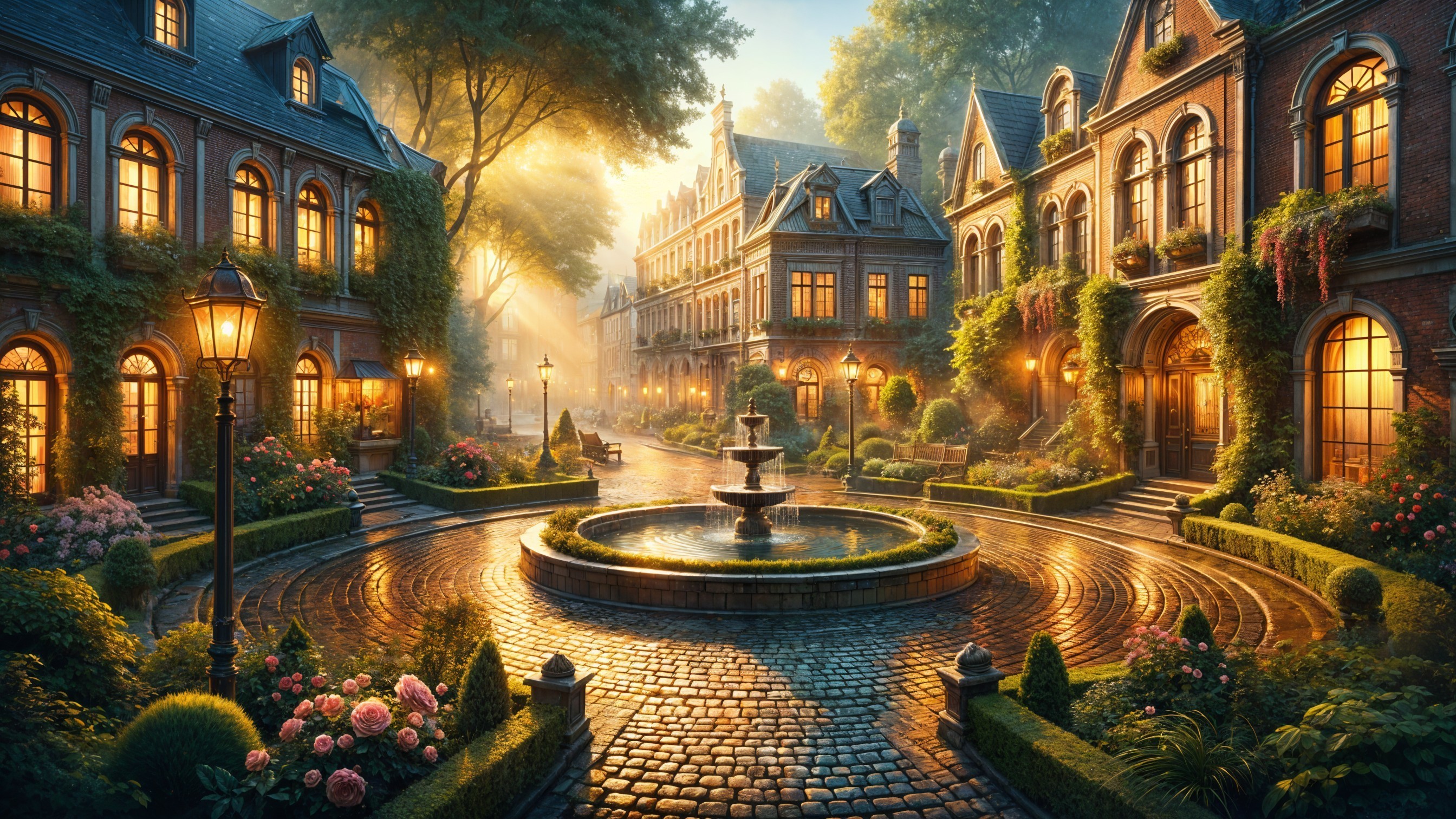 Charming Sunlit Courtyard with Elegant Brick Buildings