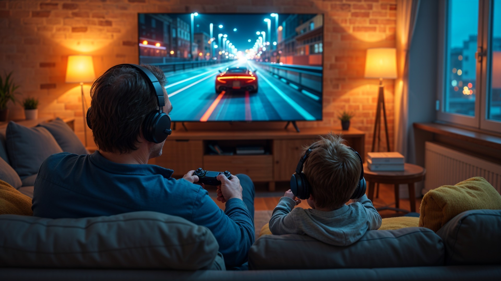 Father and son gaming on a couch with vibrant visuals