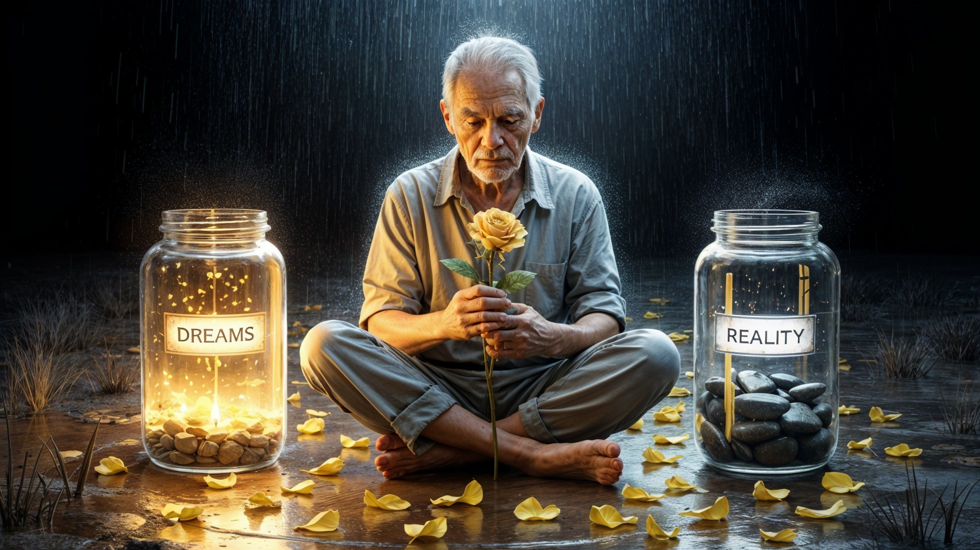 Elderly Man Contemplates Between Dreams and Reality
