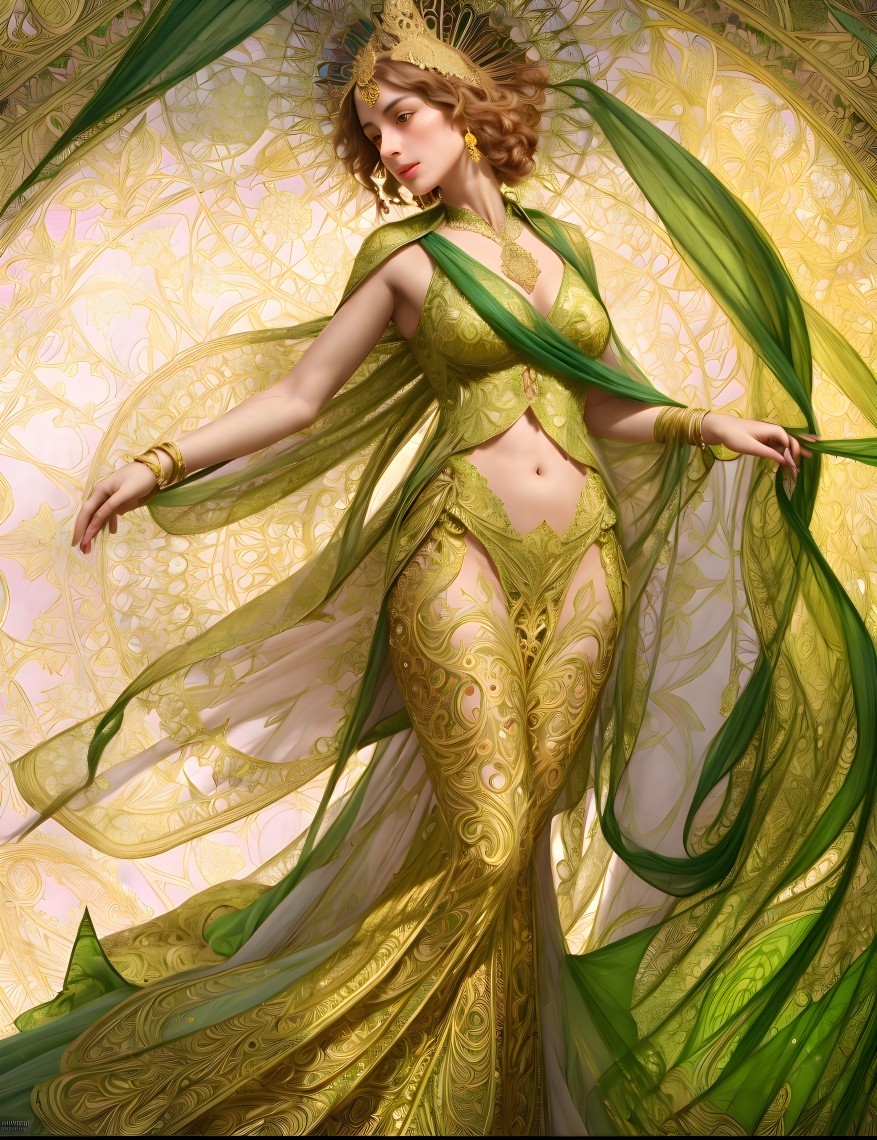 Elegant woman in green and gold dress with ribbons