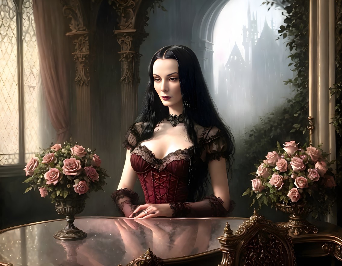 Pale Woman in Corset Dress with Gothic Castle Background