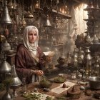 Woman in historical attire in an apothecary setting