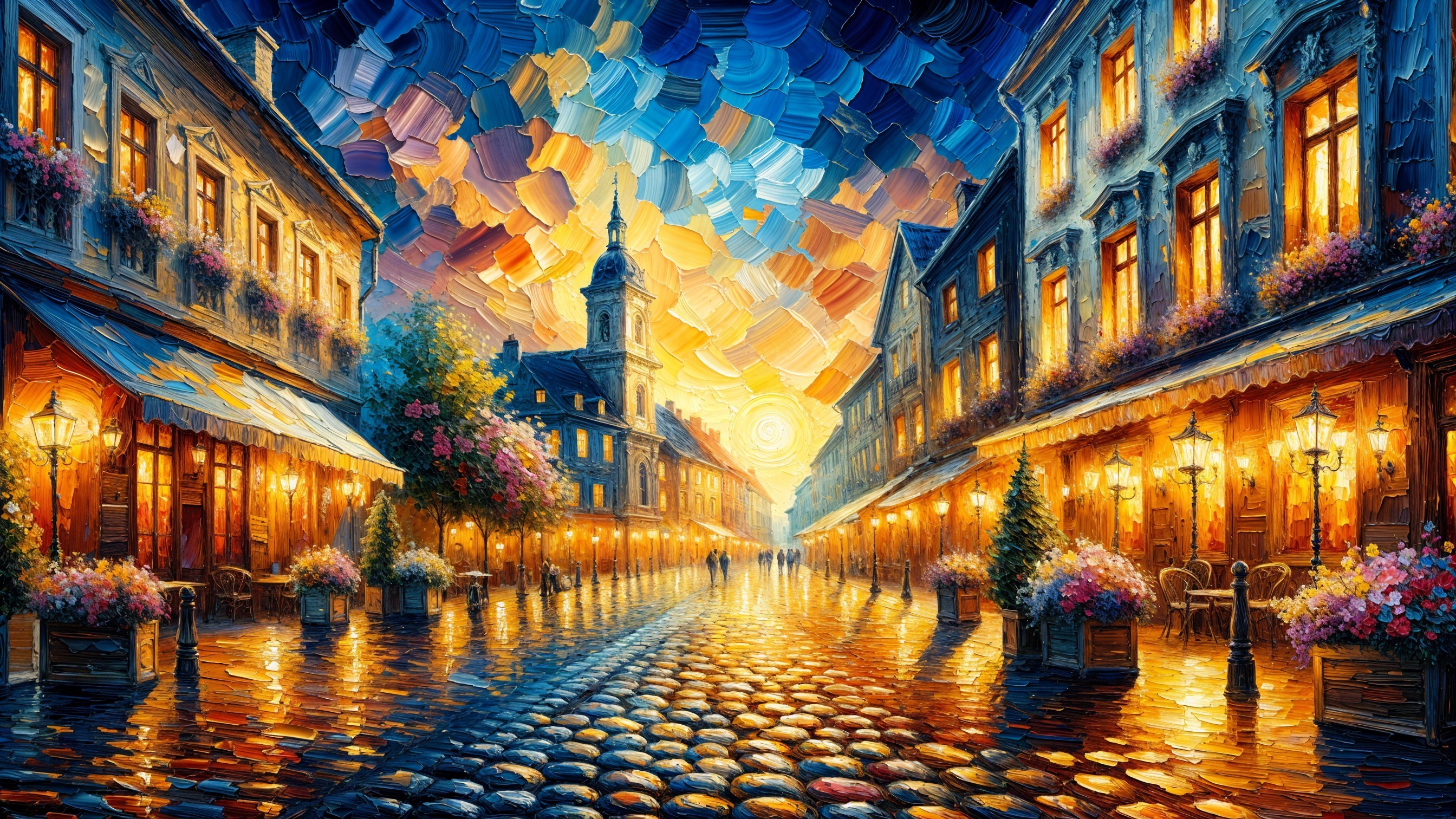 Charming Cobblestone Street at Sunset with Vibrant Colors