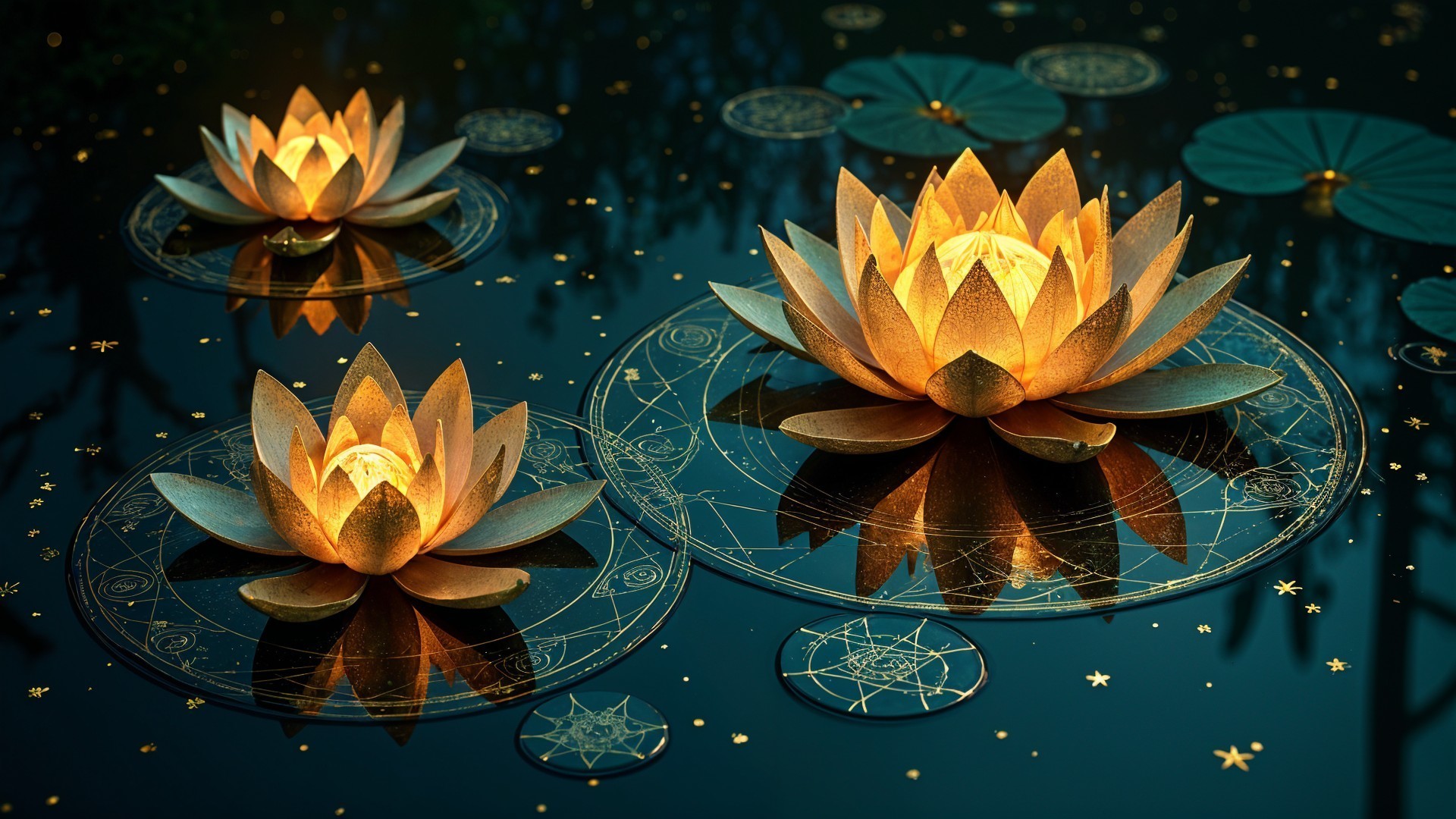 Illuminated Lotus Flowers on Tranquil Water Surface