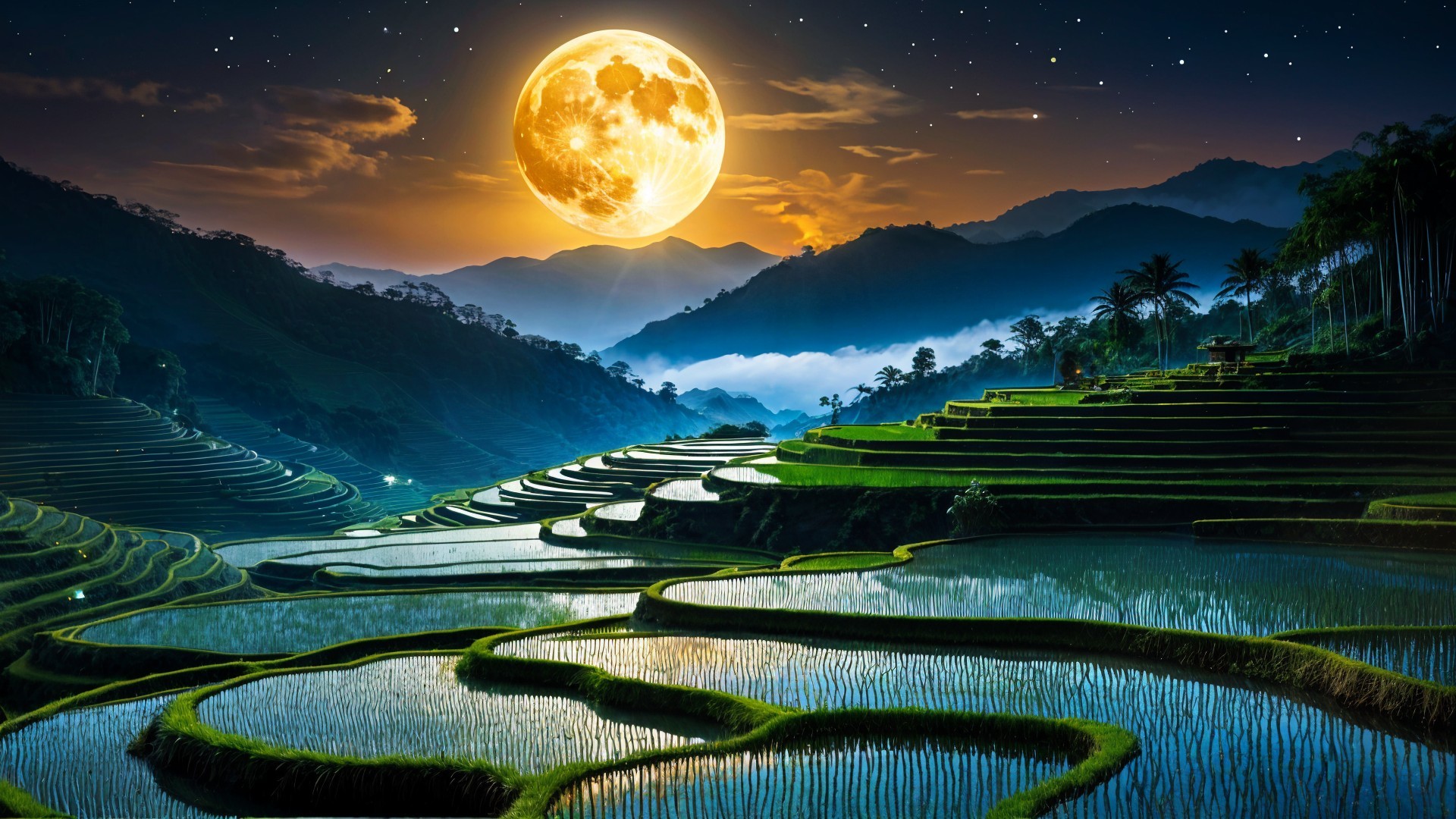 Terraced Rice Fields Under a Luminous Moonlight