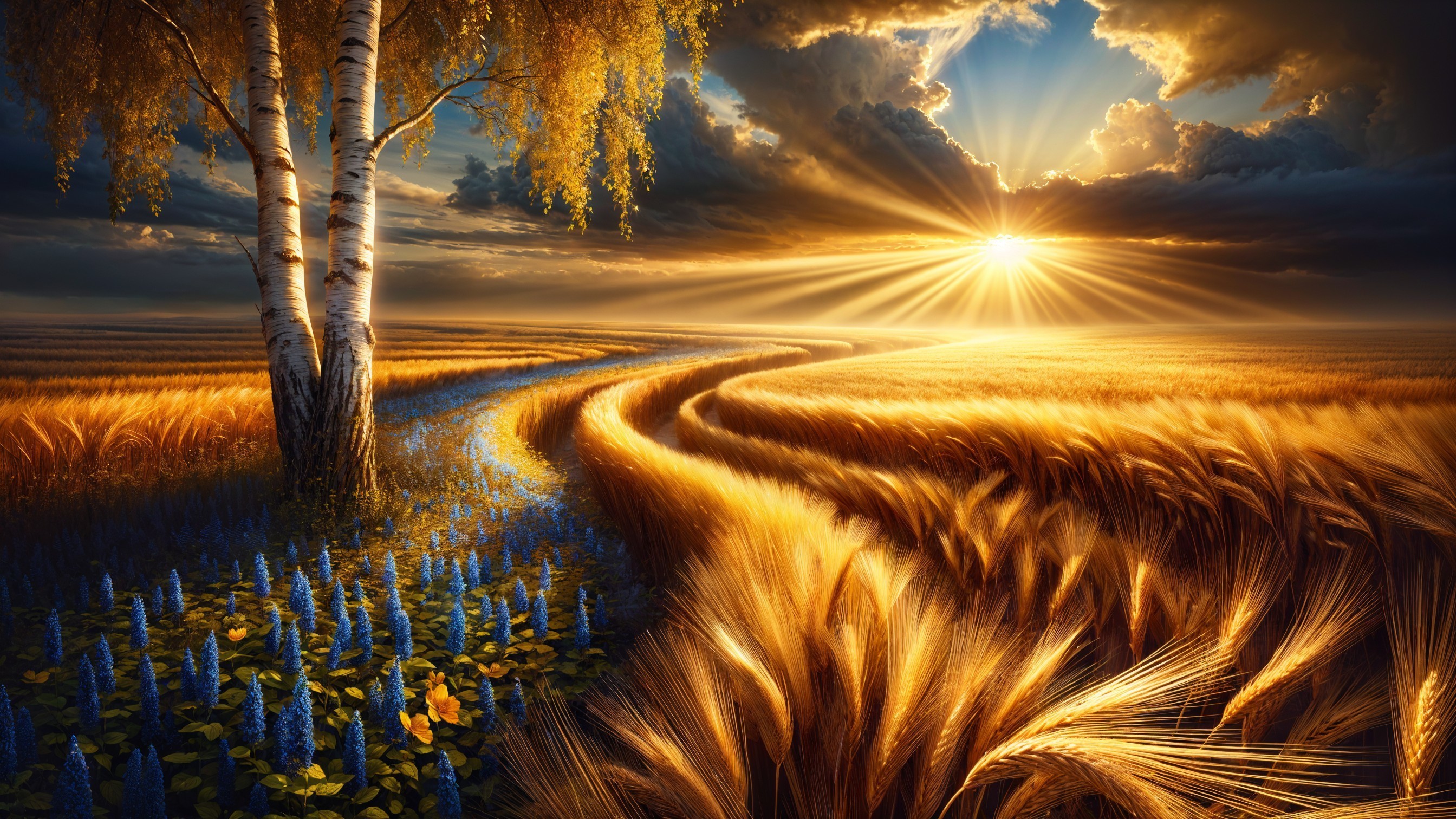 Serene Landscape with Wheat Fields and Birch Tree