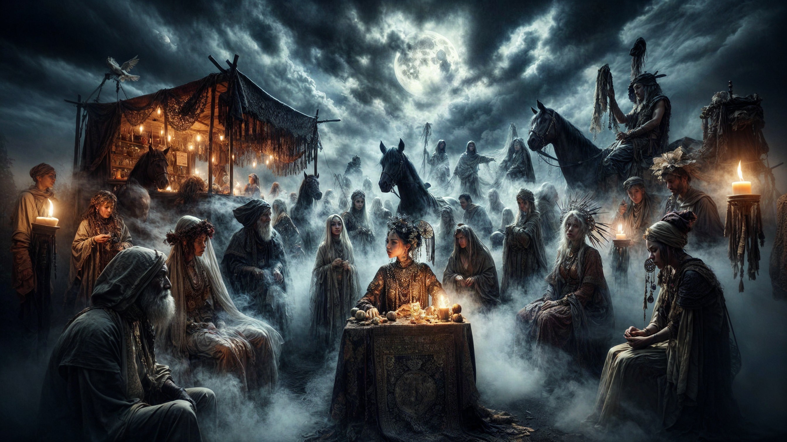 Mystical Gathering Under Full Moon with Diverse Attendees